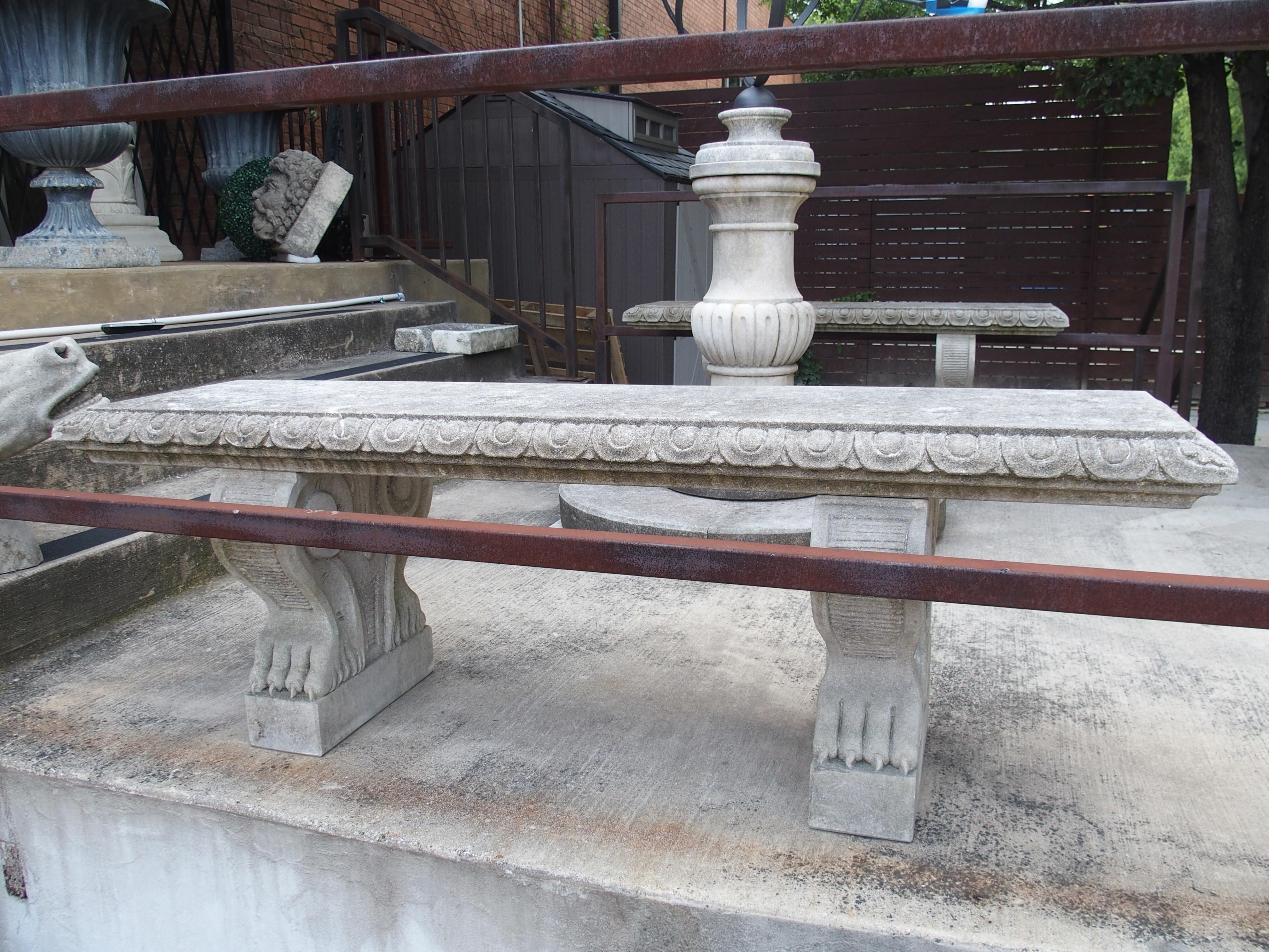 Pair of Sculpted Italian Limestone Garden Benches with Shaped Legs and Paw Feet 8