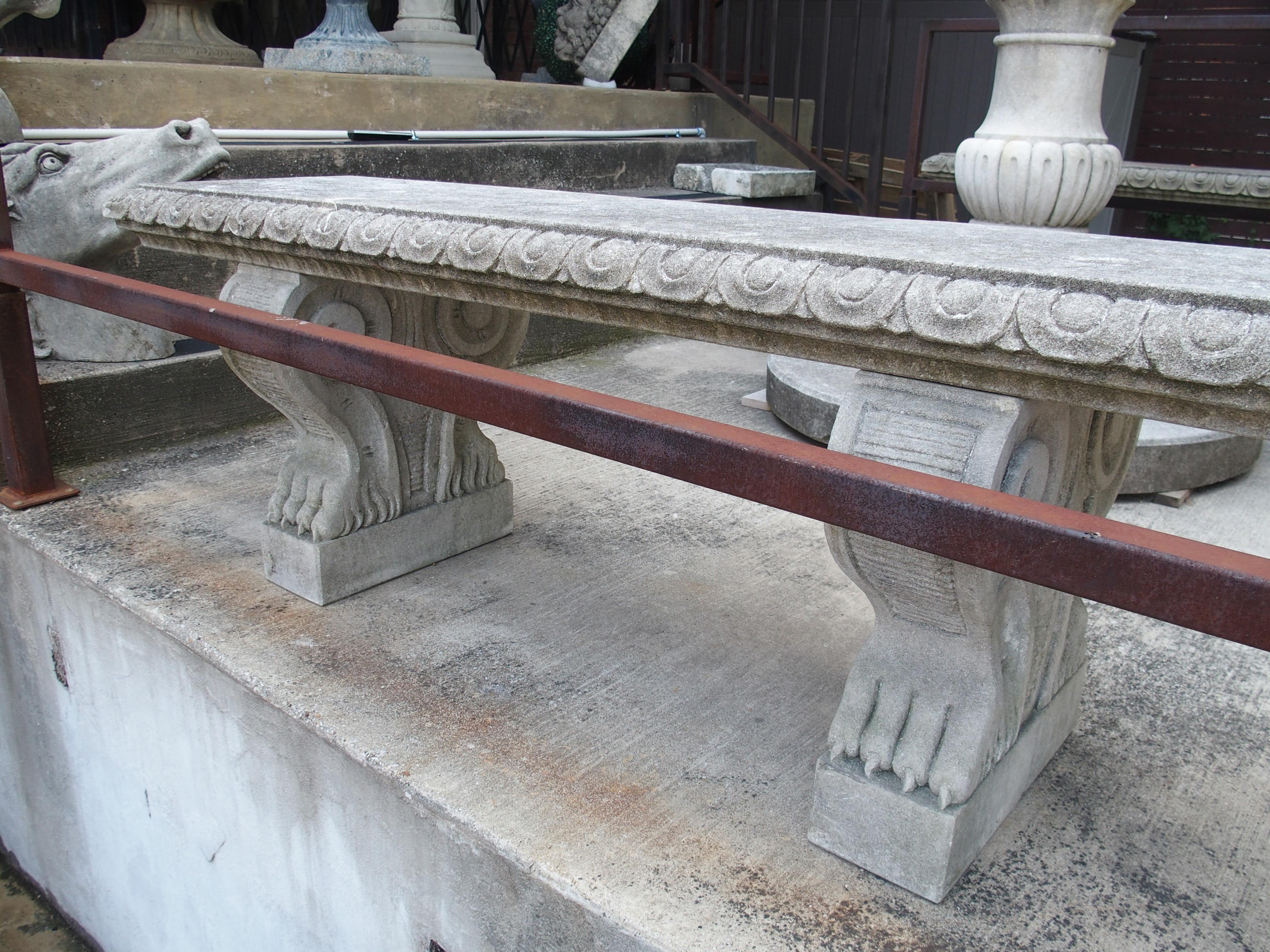 Pair of Sculpted Italian Limestone Garden Benches with Shaped Legs and Paw Feet 9