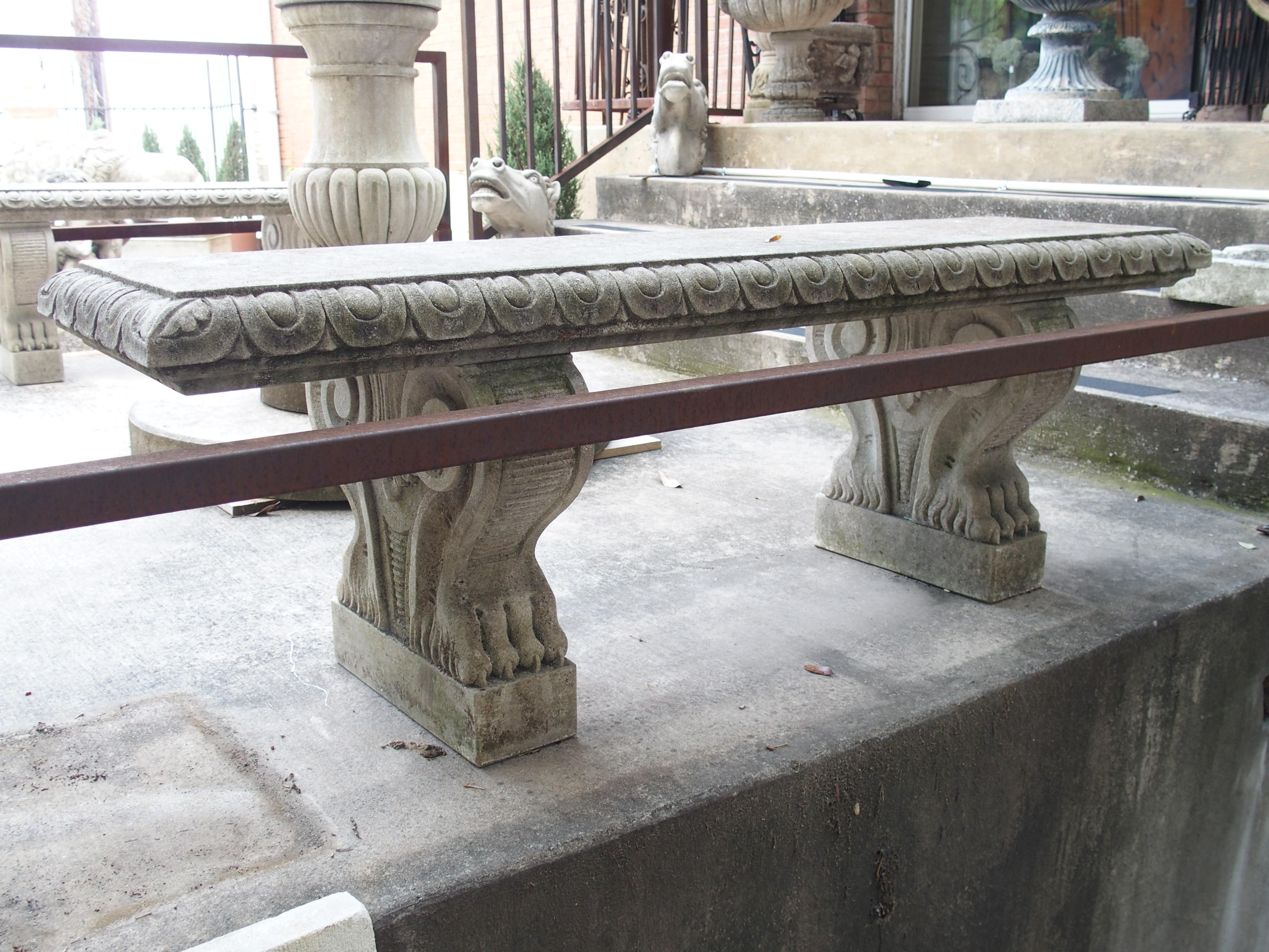 Pair of Sculpted Italian Limestone Garden Benches with Shaped Legs and Paw Feet 10