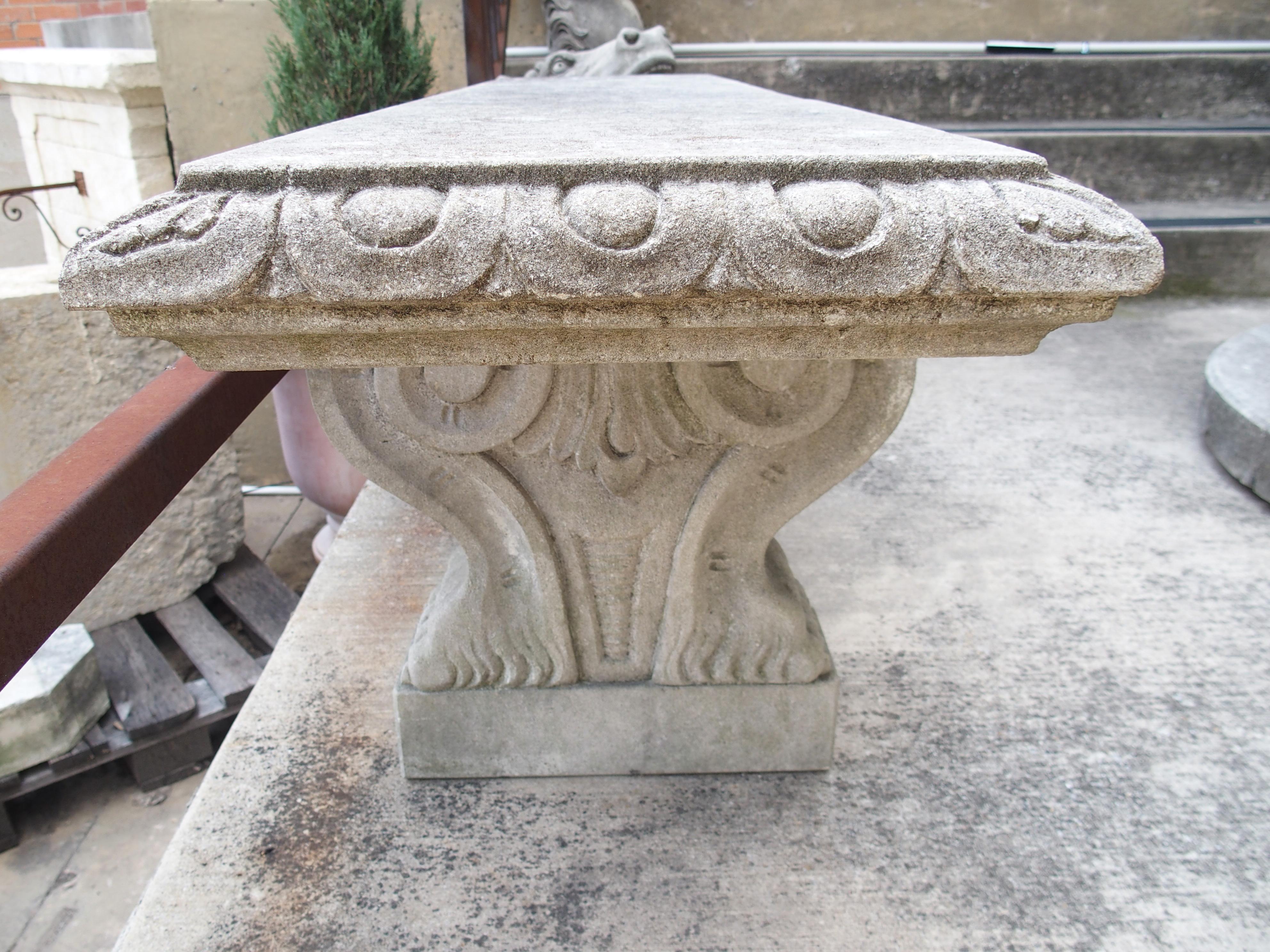 Hand-Carved Pair of Sculpted Italian Limestone Garden Benches with Shaped Legs and Paw Feet