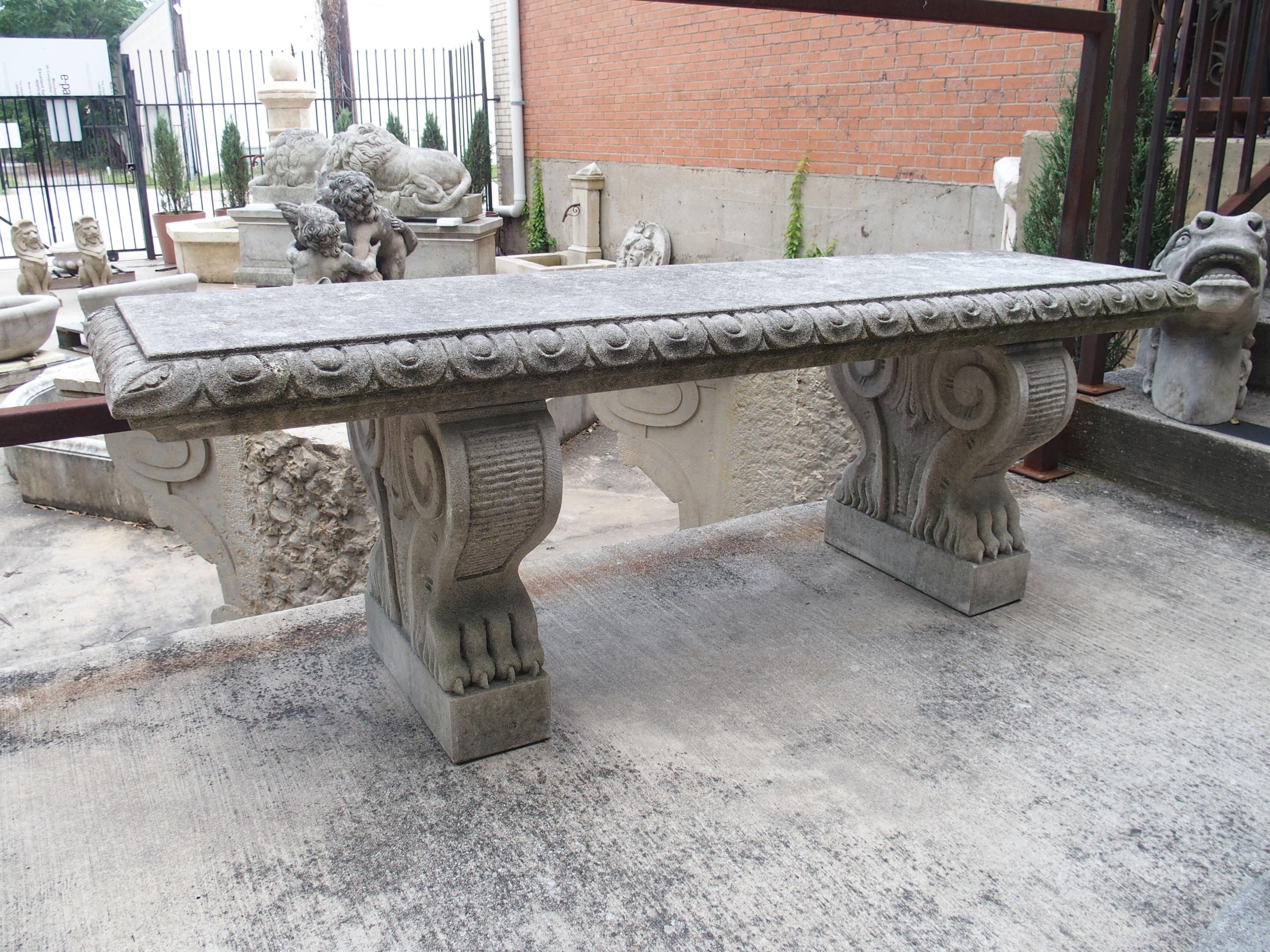 Pair of Sculpted Italian Limestone Garden Benches with Shaped Legs and Paw Feet In Good Condition In Dallas, TX