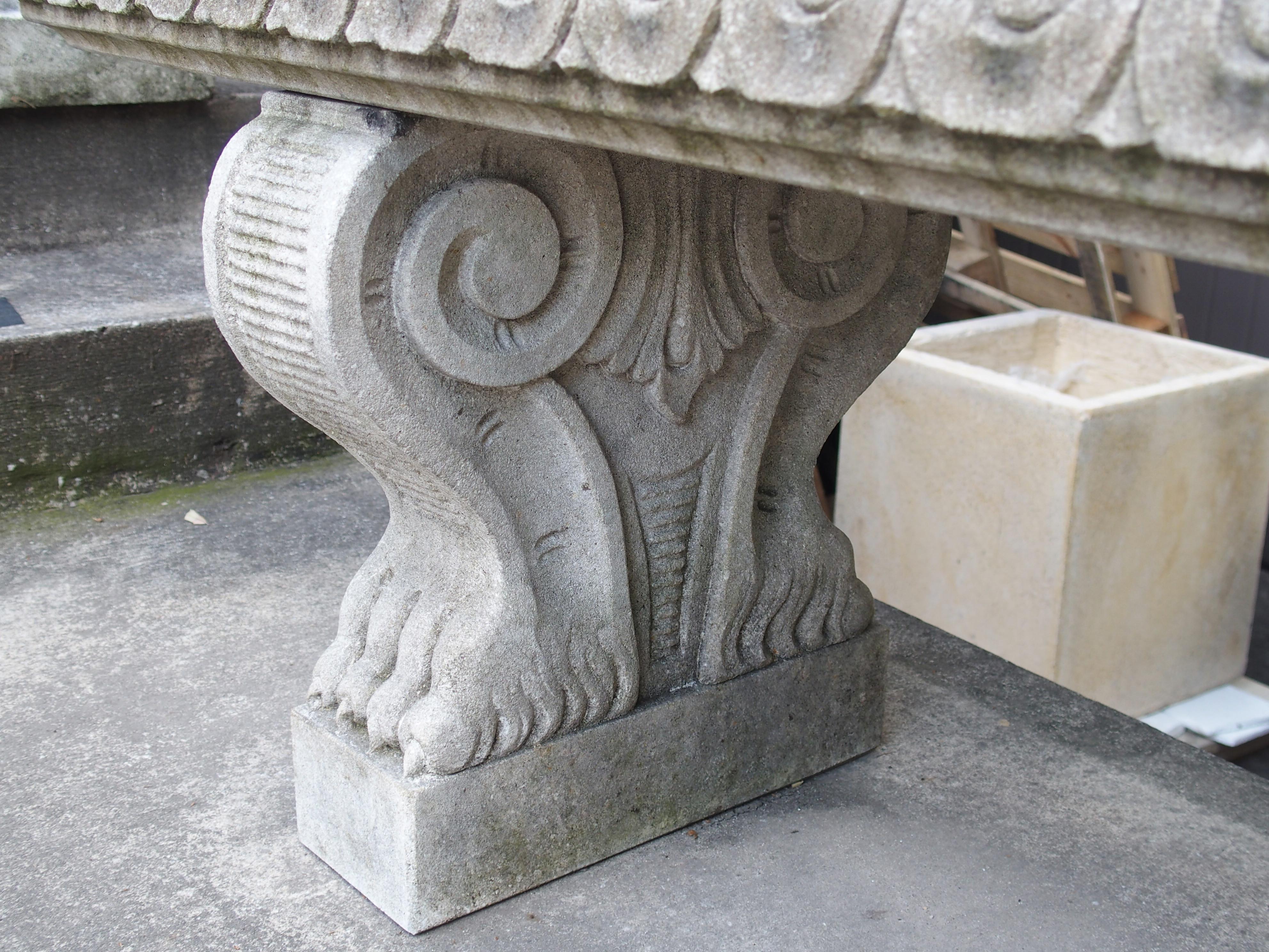 Contemporary Pair of Sculpted Italian Limestone Garden Benches with Shaped Legs and Paw Feet