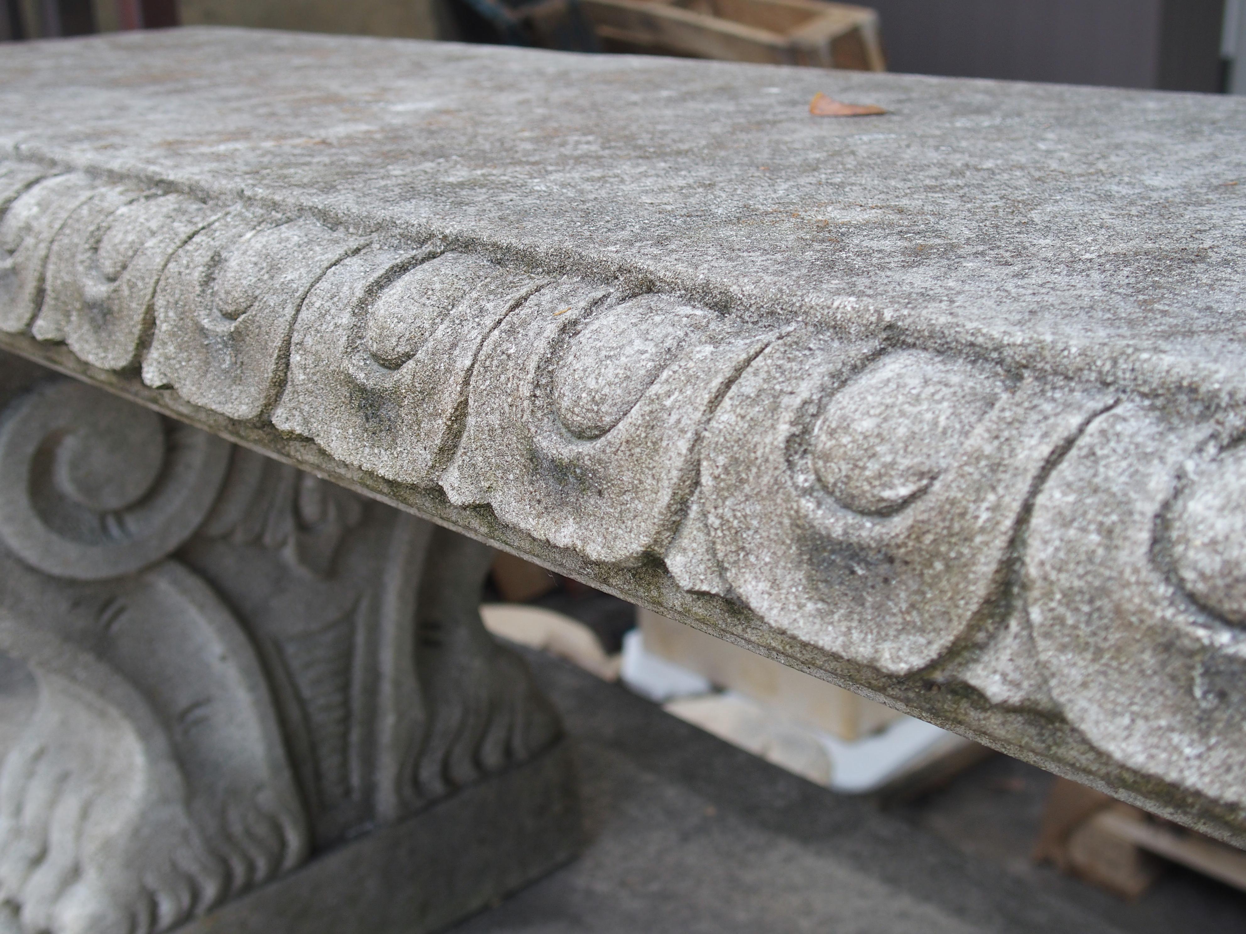 Stone Pair of Sculpted Italian Limestone Garden Benches with Shaped Legs and Paw Feet