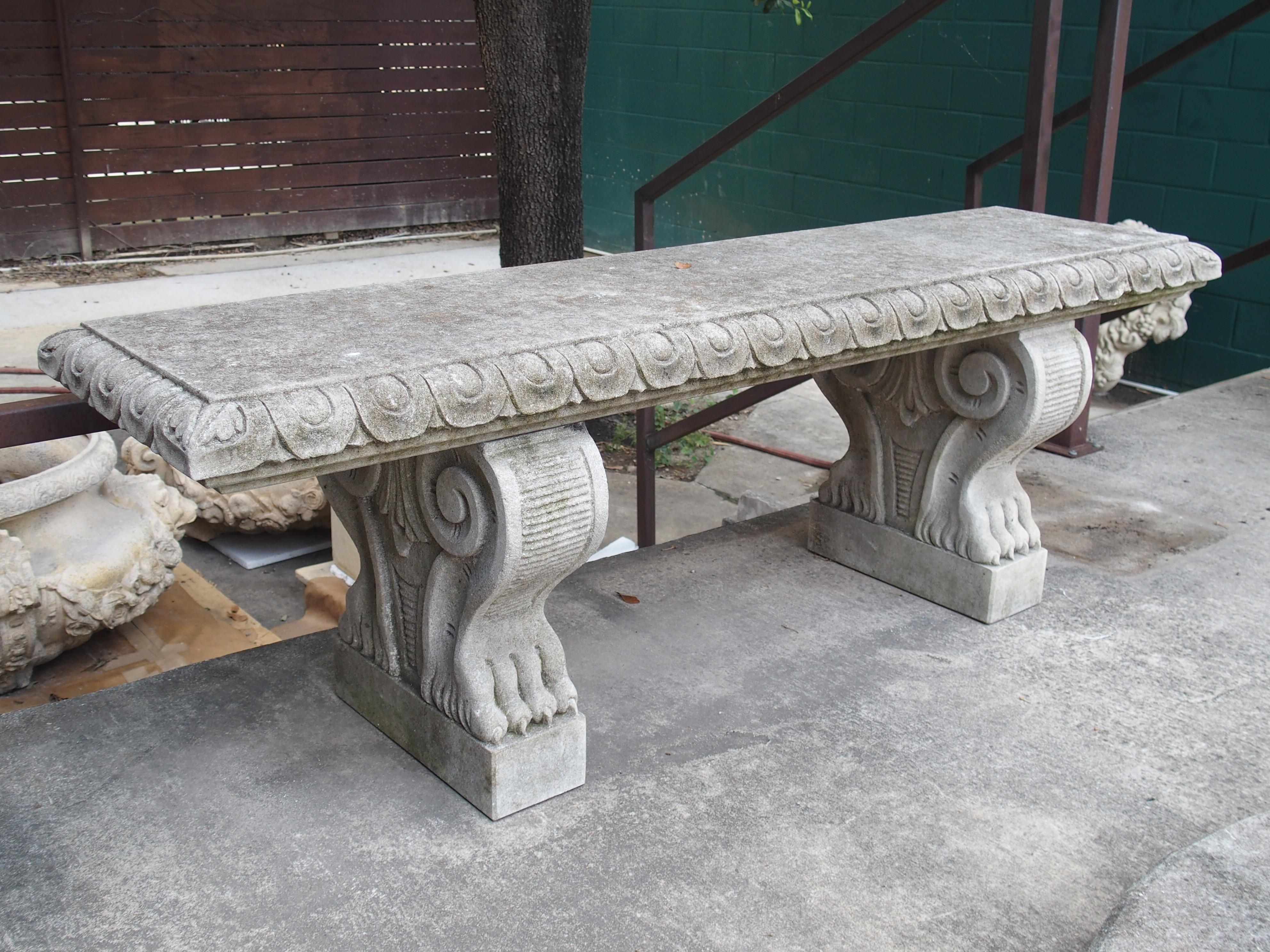 Pair of Sculpted Italian Limestone Garden Benches with Shaped Legs and Paw Feet 1