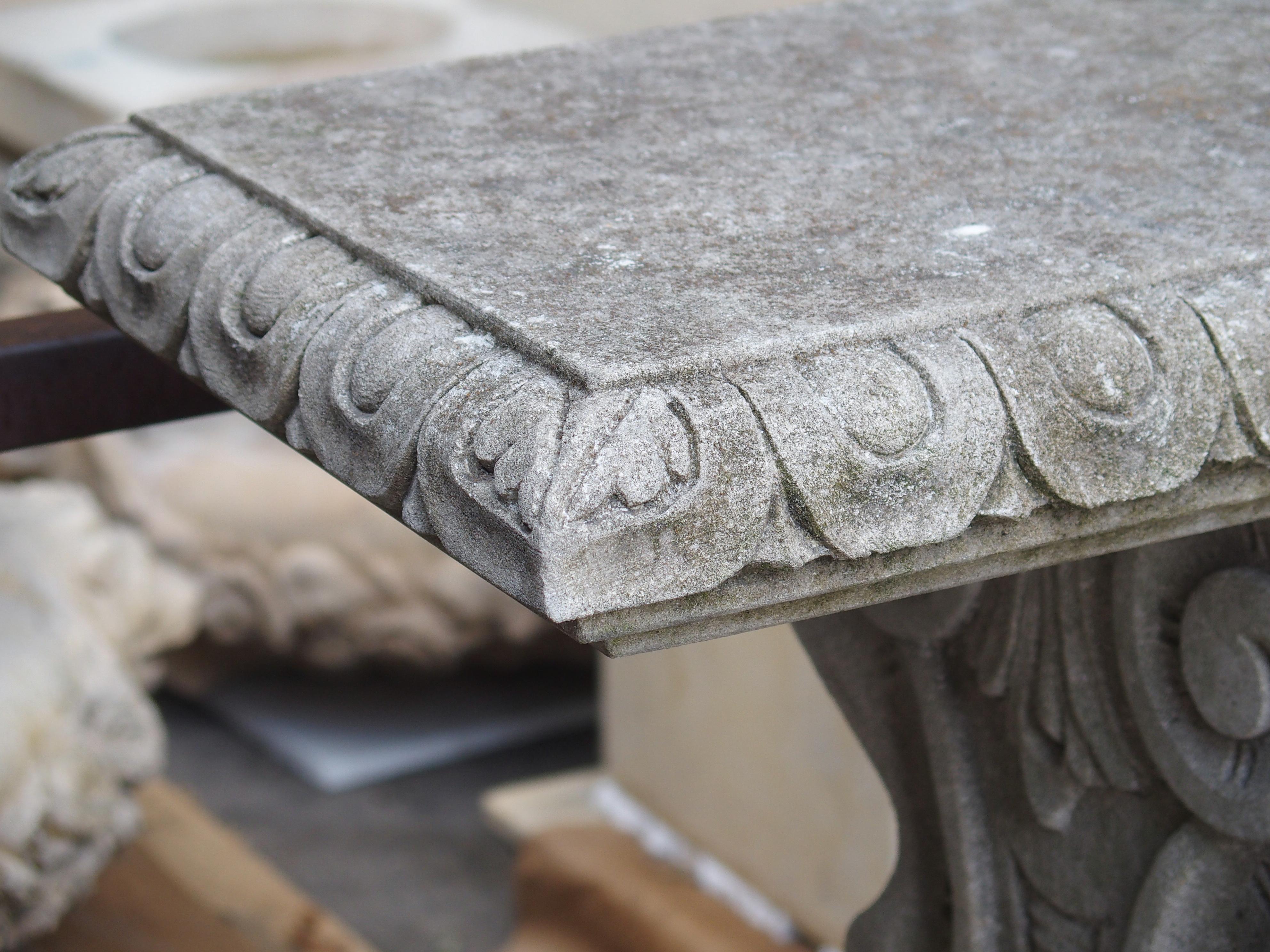 Pair of Sculpted Italian Limestone Garden Benches with Shaped Legs and Paw Feet 2