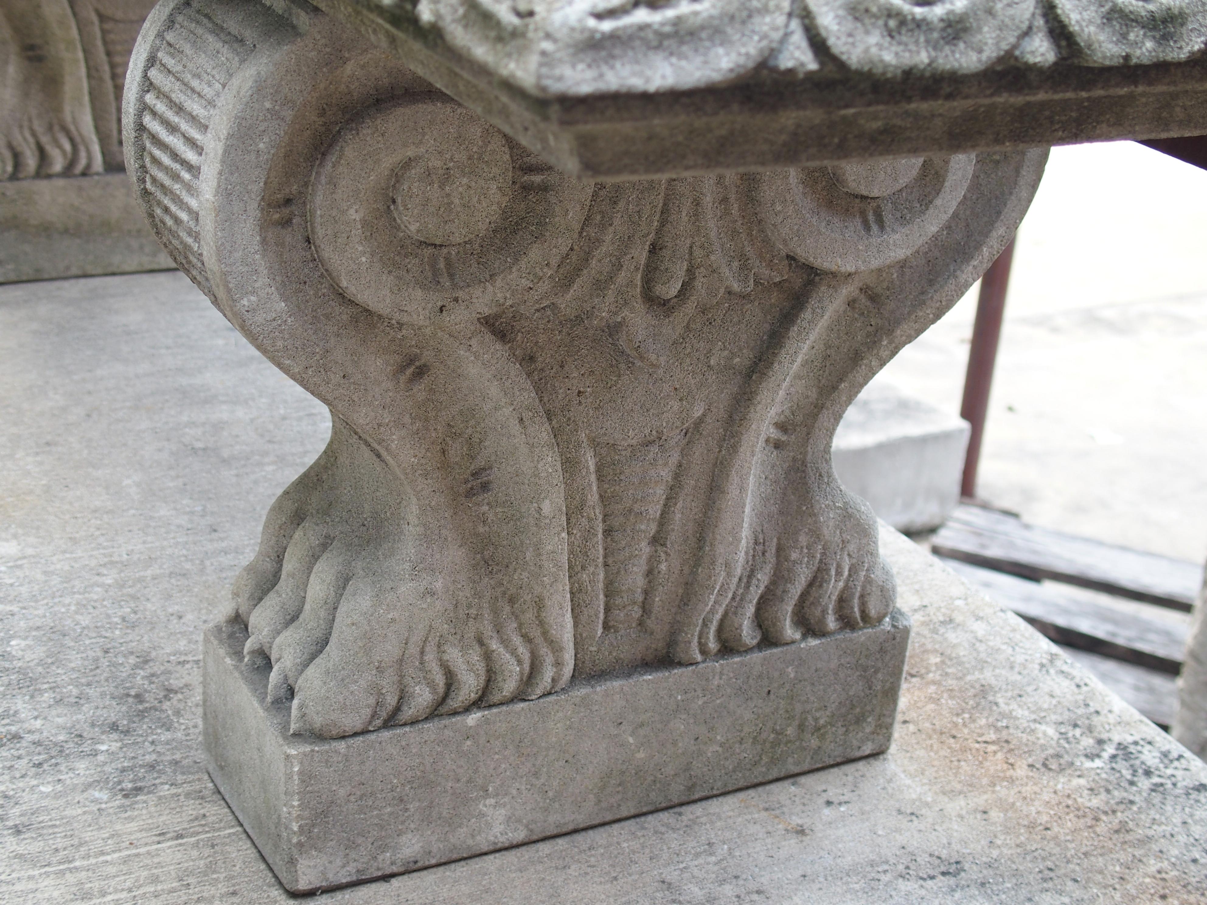 Pair of Sculpted Italian Limestone Garden Benches with Shaped Legs and Paw Feet 3