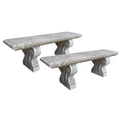 Pair of Sculpted Italian Limestone Garden Benches with Shaped Legs and Paw Feet