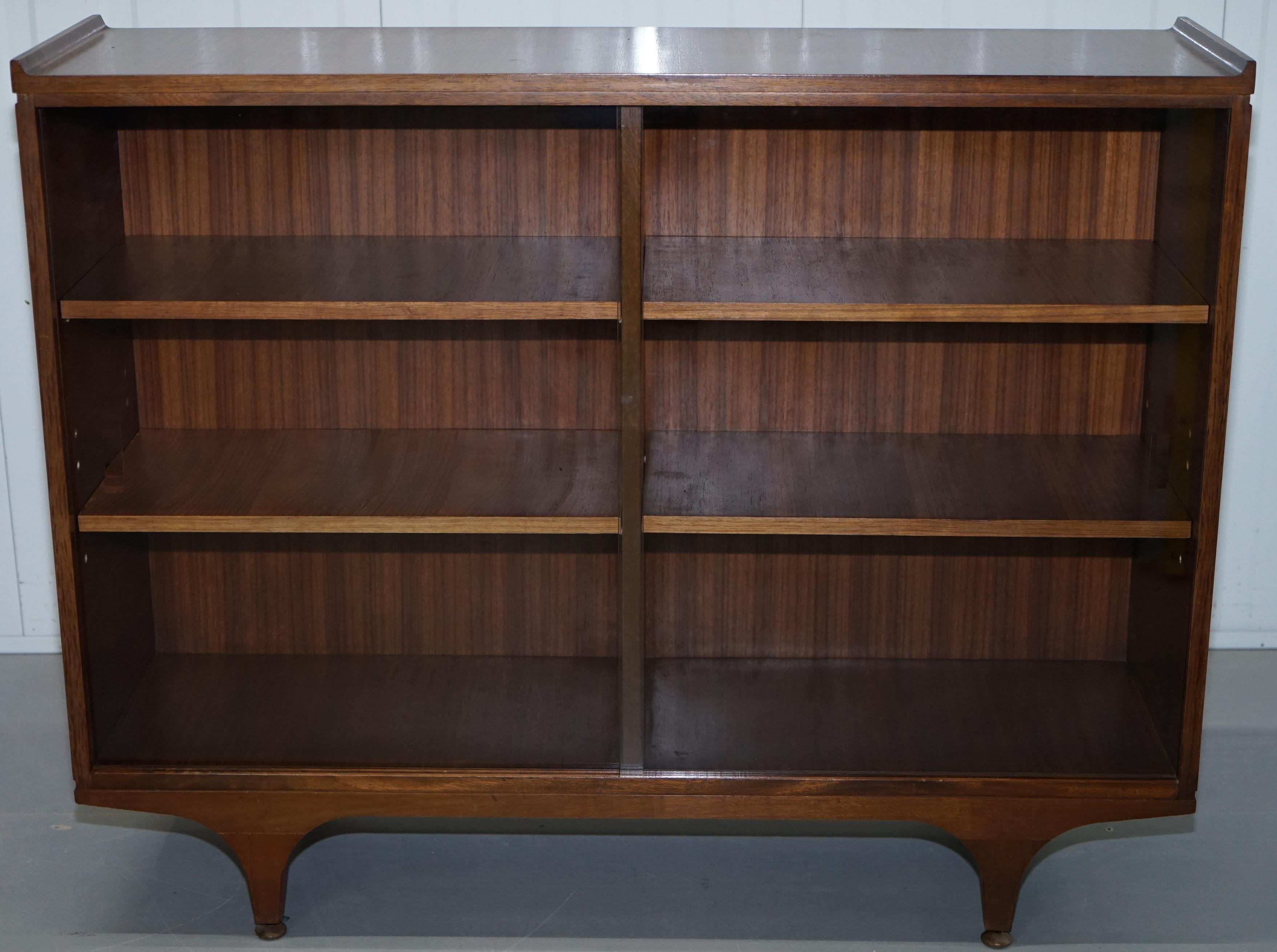Pair of Sculpted Mid-Century Modern Teak Bookcases with Glass Sliding Doors 1