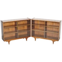 Pair of Sculpted Mid-Century Modern Teak Bookcases with Glass Sliding Doors
