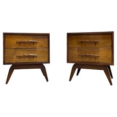 Pair of Sculpted Mid-Century Modern Walnut Nightstands / Bedside Tables, c. 1960