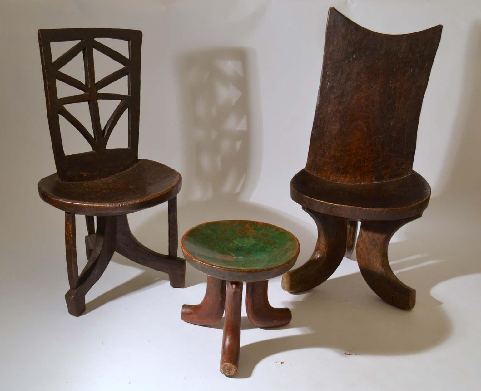 Pair of Sculptural 1960s Ethiopian Wooden Hand Carved Chairs & Stool 2