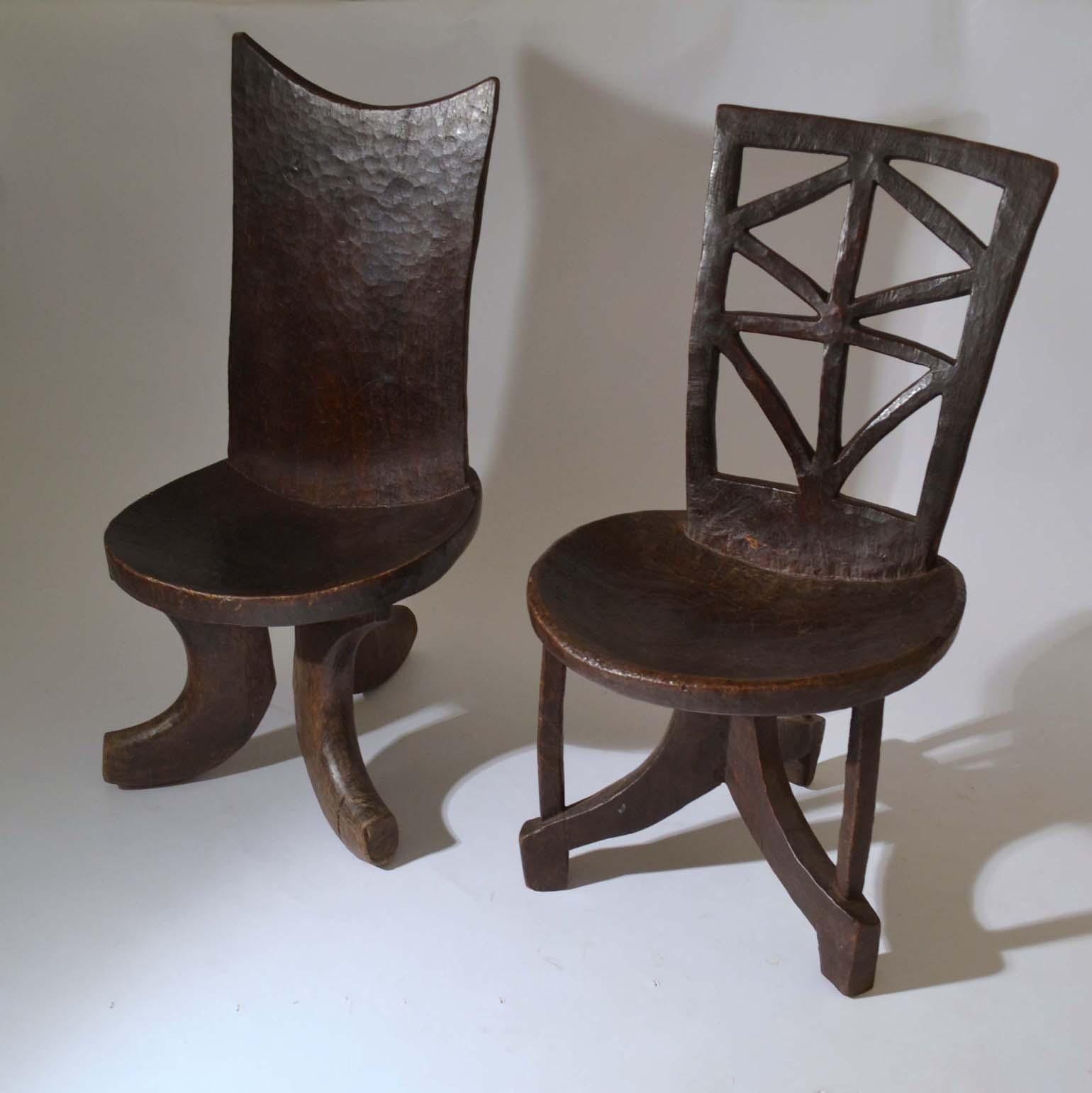 Pair of Sculptural 1960s Ethiopian Wooden Hand Carved Chairs & Stool 1