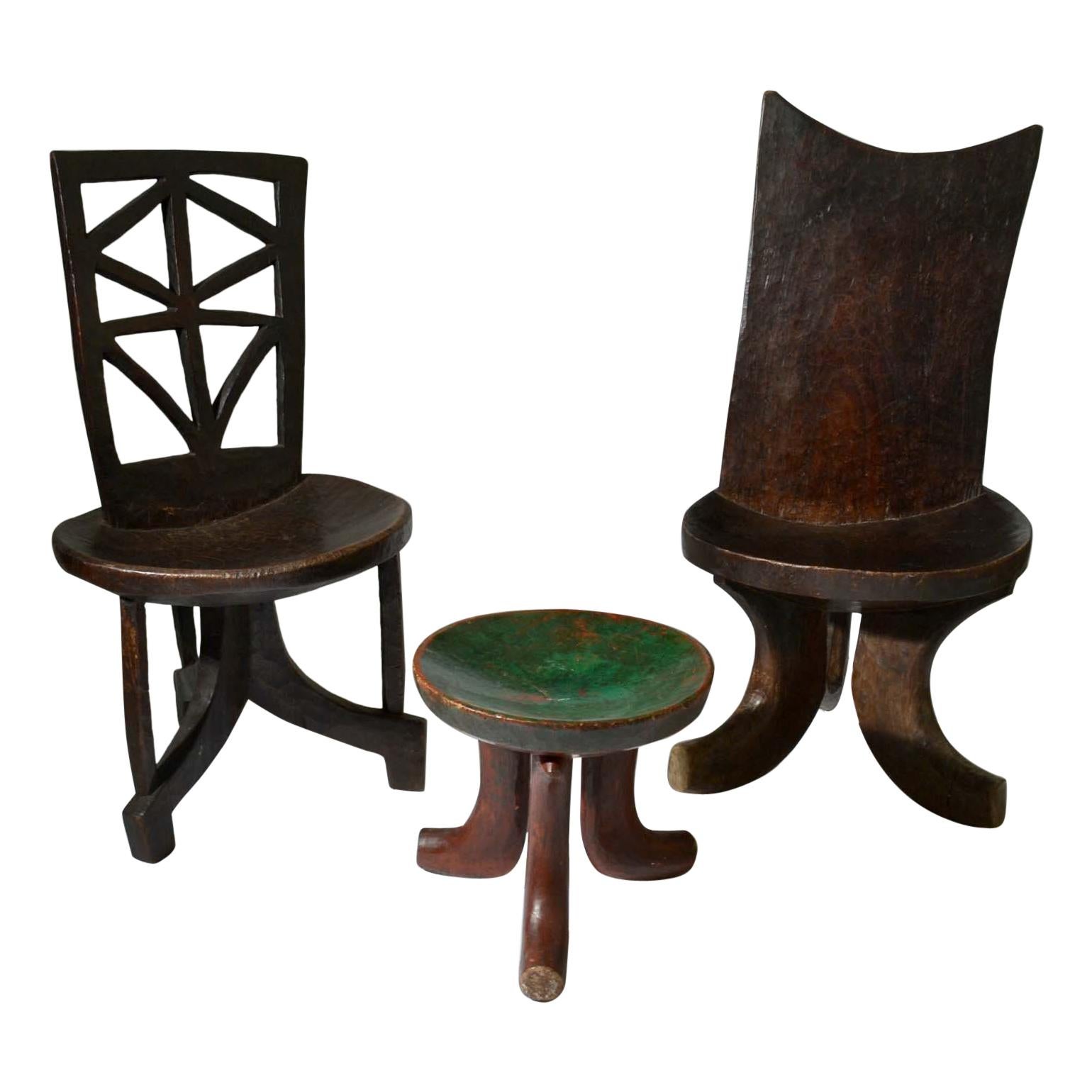 Pair of Sculptural 1960s Ethiopian Wooden Hand Carved Chairs & Stool