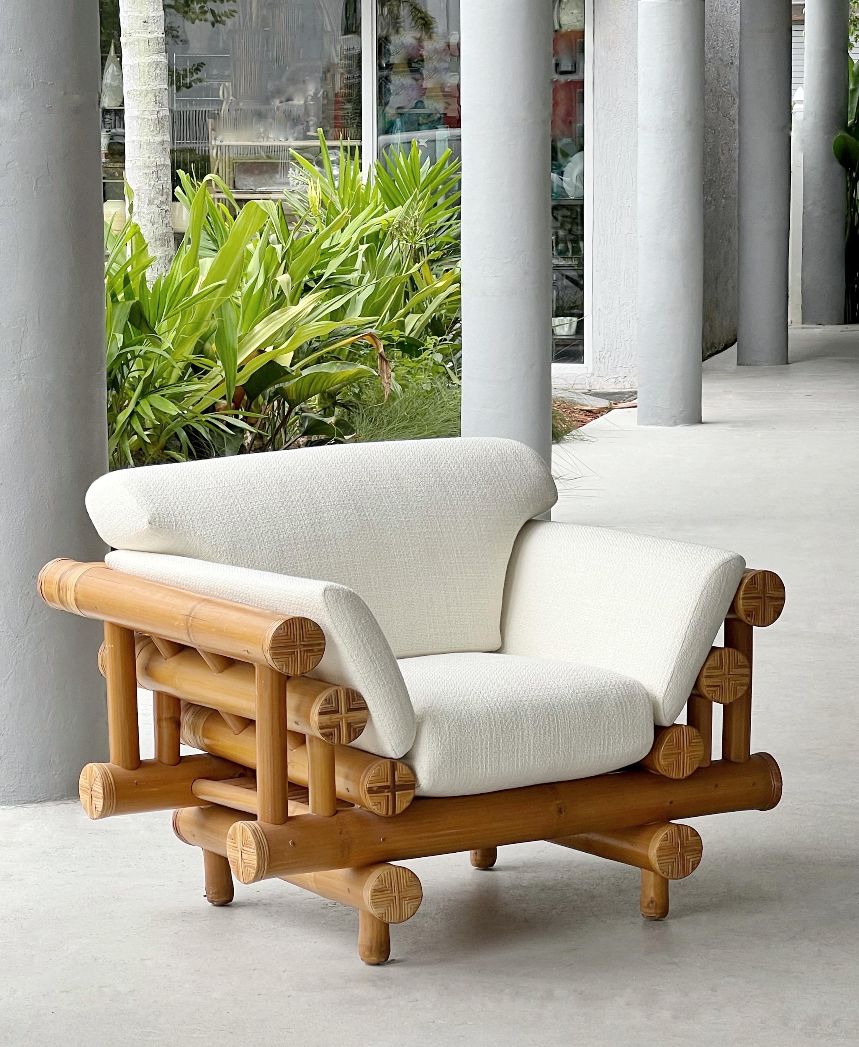 A pair of 1970s bamboo lounge chairs. Modern approach to a timeless and noble material. Sofa also available.

