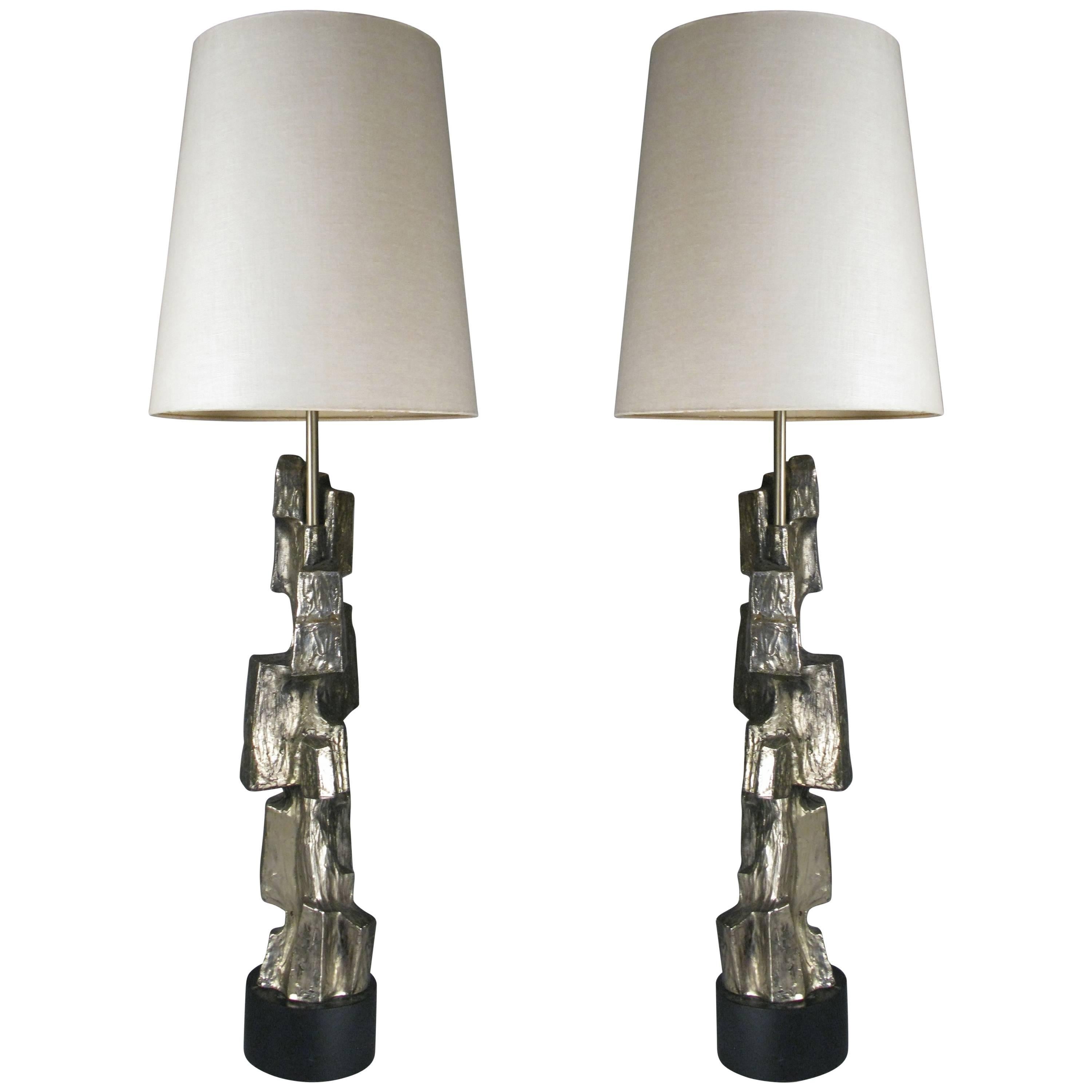 Pair of Sculptural 1970s Bronze Lamps attributed to Richard Barr