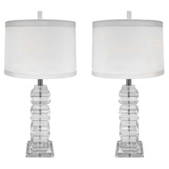 Pair of Sculptural Alternating Frosted and Clear Lucite Table Lamps 1970s
