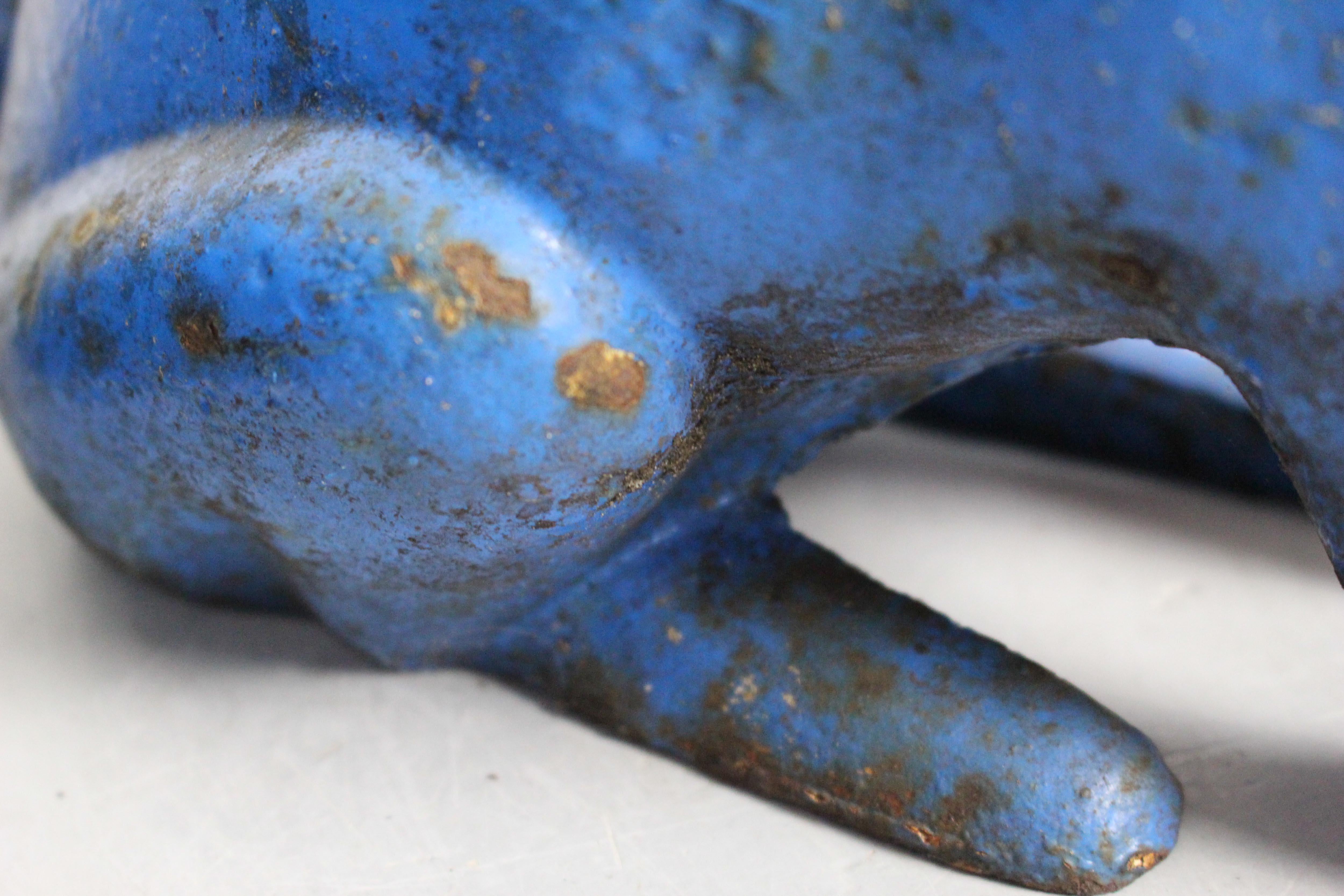 Pair of Sculptural Antique Figural Blue Painted Cast Iron Rabbit Doorstops For Sale 2