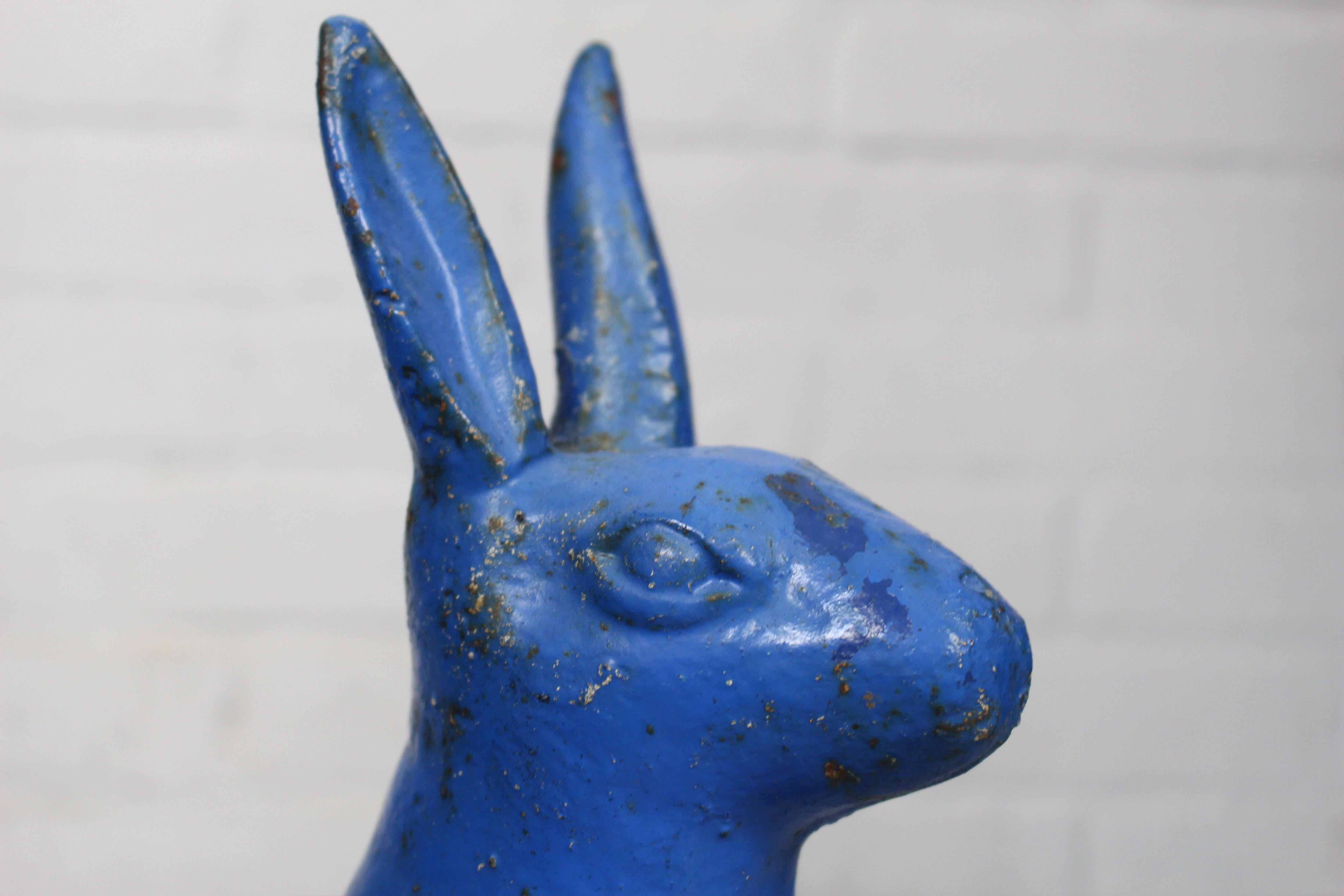 Pair of Sculptural Antique Figural Blue Painted Cast Iron Rabbit Doorstops For Sale 3