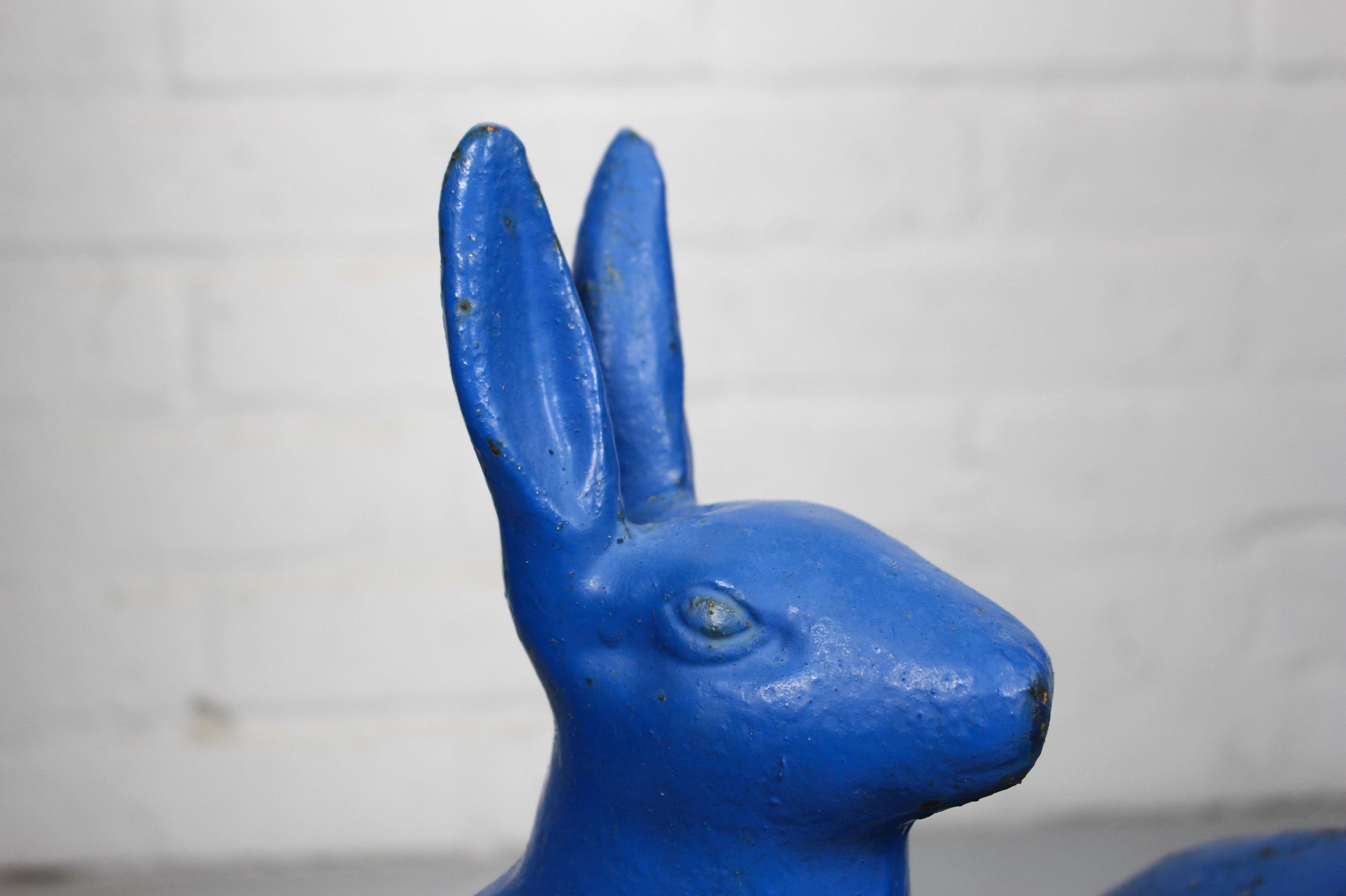 Pair of Sculptural Antique Figural Blue Painted Cast Iron Rabbit Doorstops For Sale 4