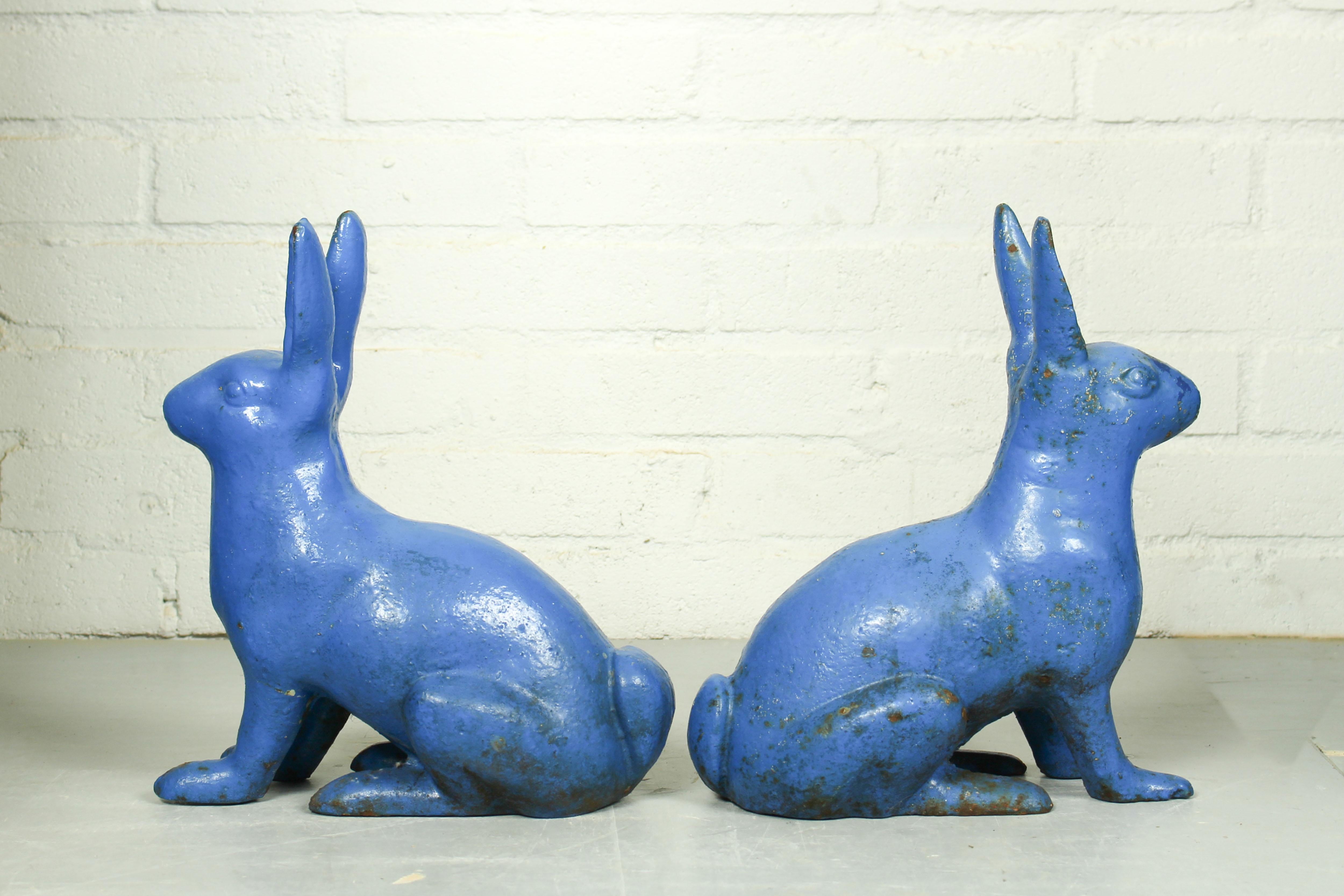 Dutch Pair of Sculptural Antique Figural Blue Painted Cast Iron Rabbit Doorstops For Sale