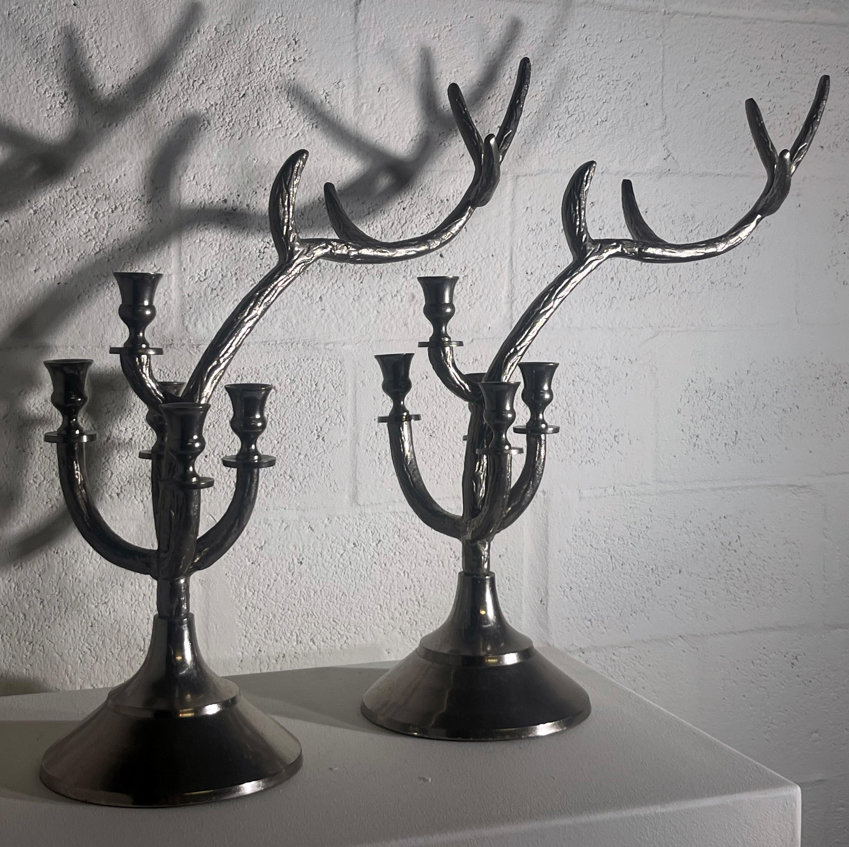 Late 20th Century Pair of Sculptural Antler-Inspired Metal Candelabra, 1970s For Sale