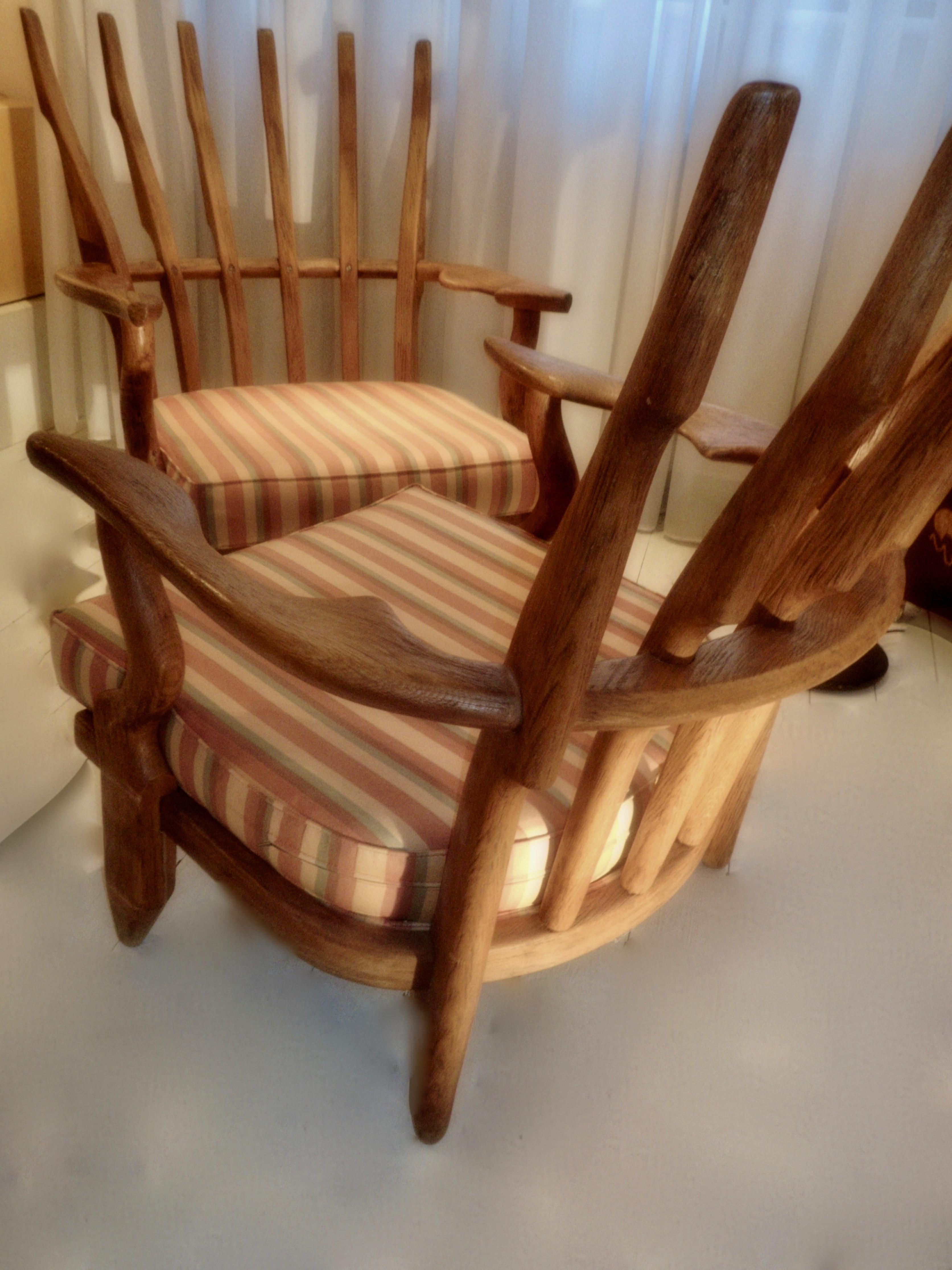 Fine pair of sculptural solid oak armchairs (model
