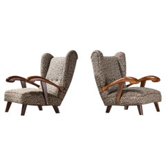 Pair of Sculptural Armchairs in Oak and Original Upholstery