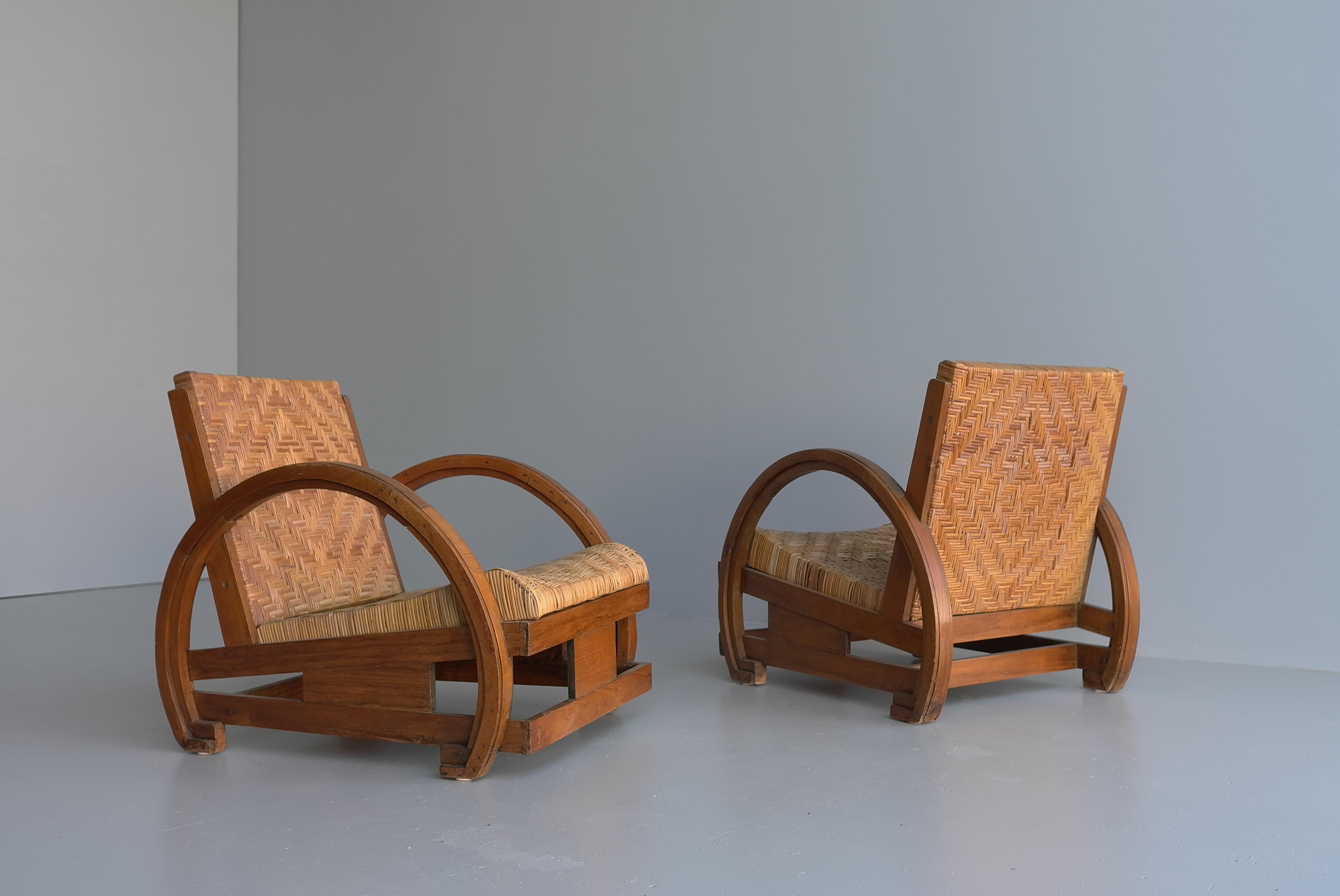 Pair Of Sculptural Art Deco Armchairs in Wood with Rush seats 1930's For Sale 4