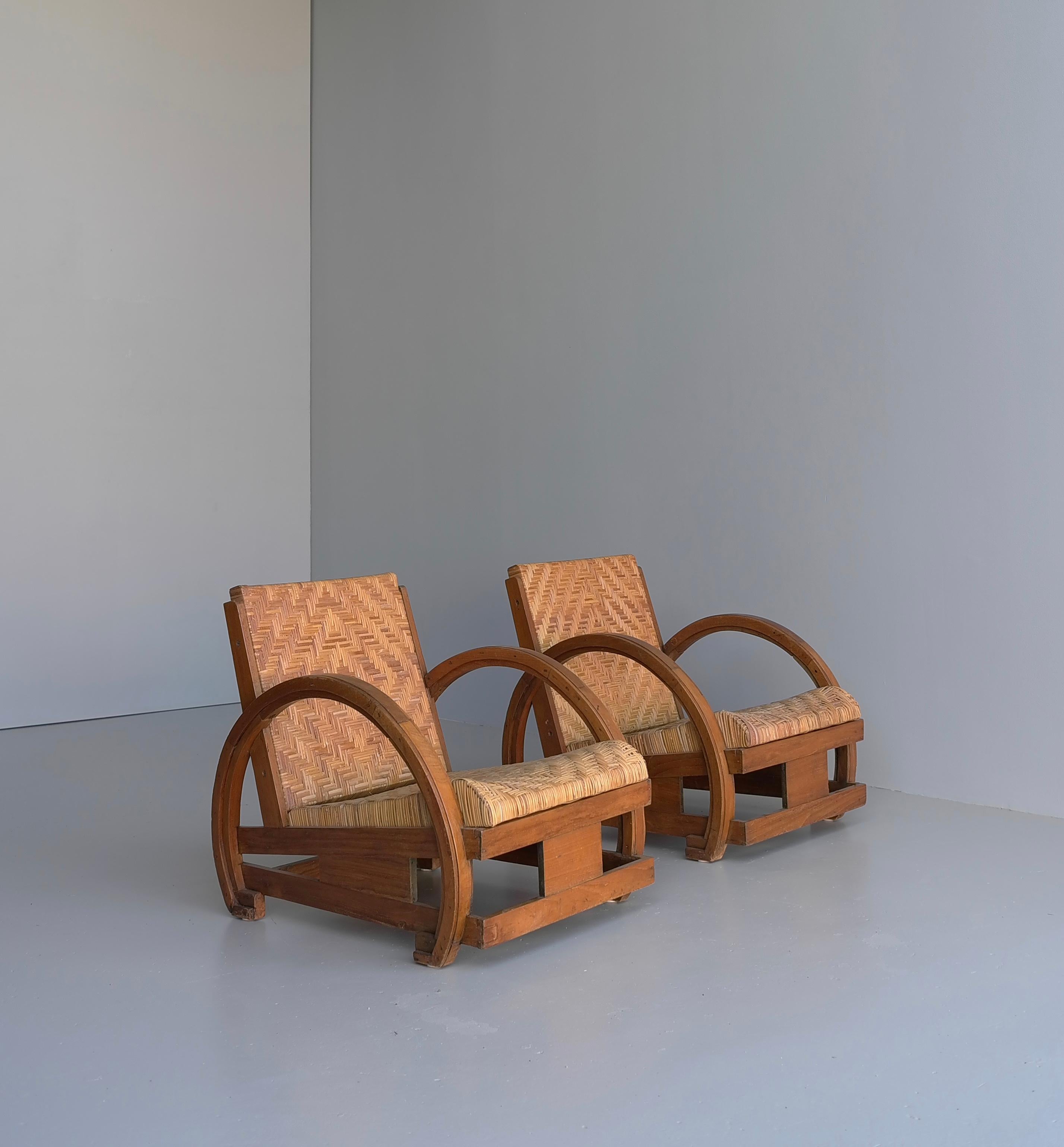 Pair Of Sculptural Art Deco Armchairs in Wood with Rush seats 1930's For Sale 10