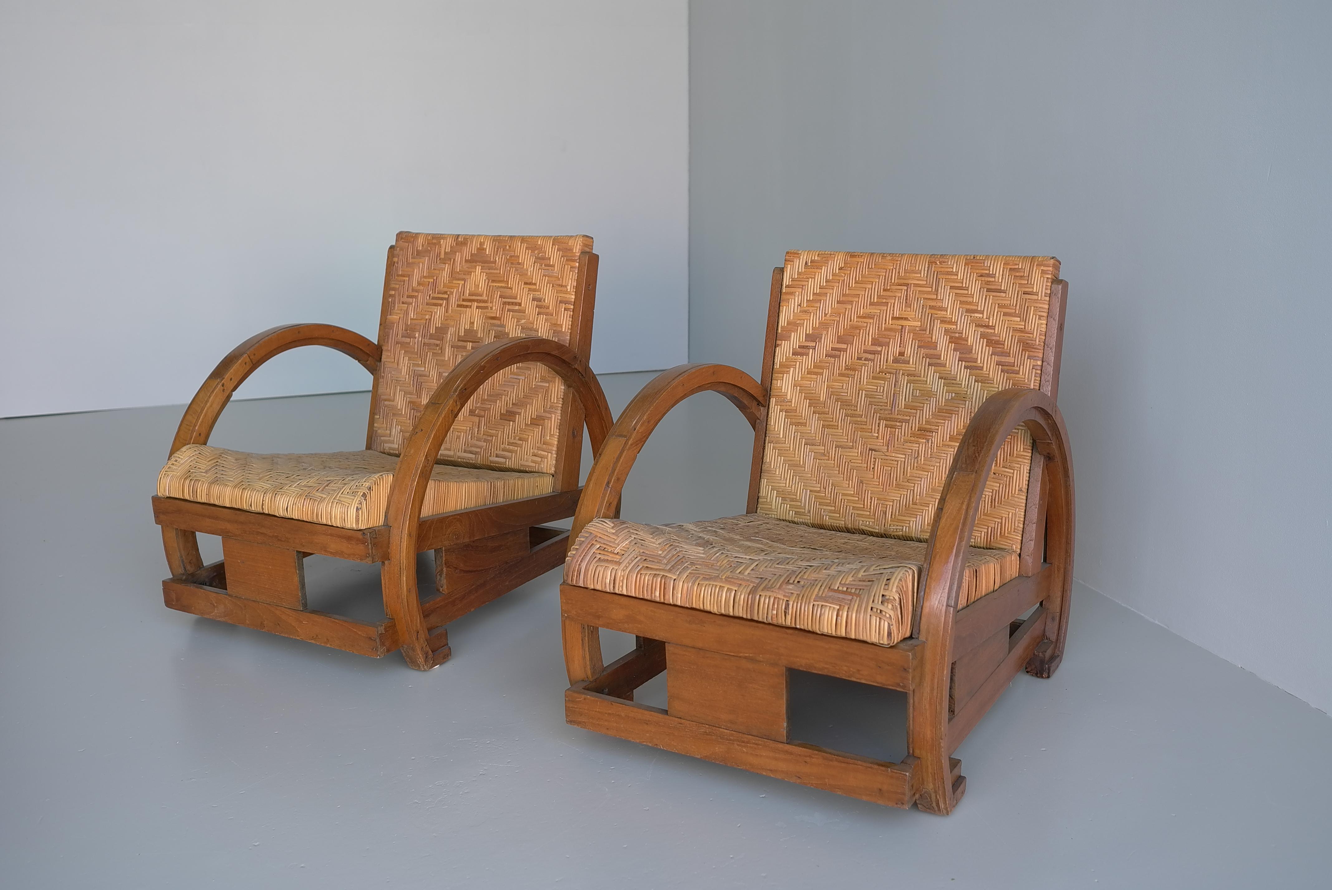 Pair Of Sculptural Art Deco Armchairs in Wood with Rush seats 1930's For Sale 12