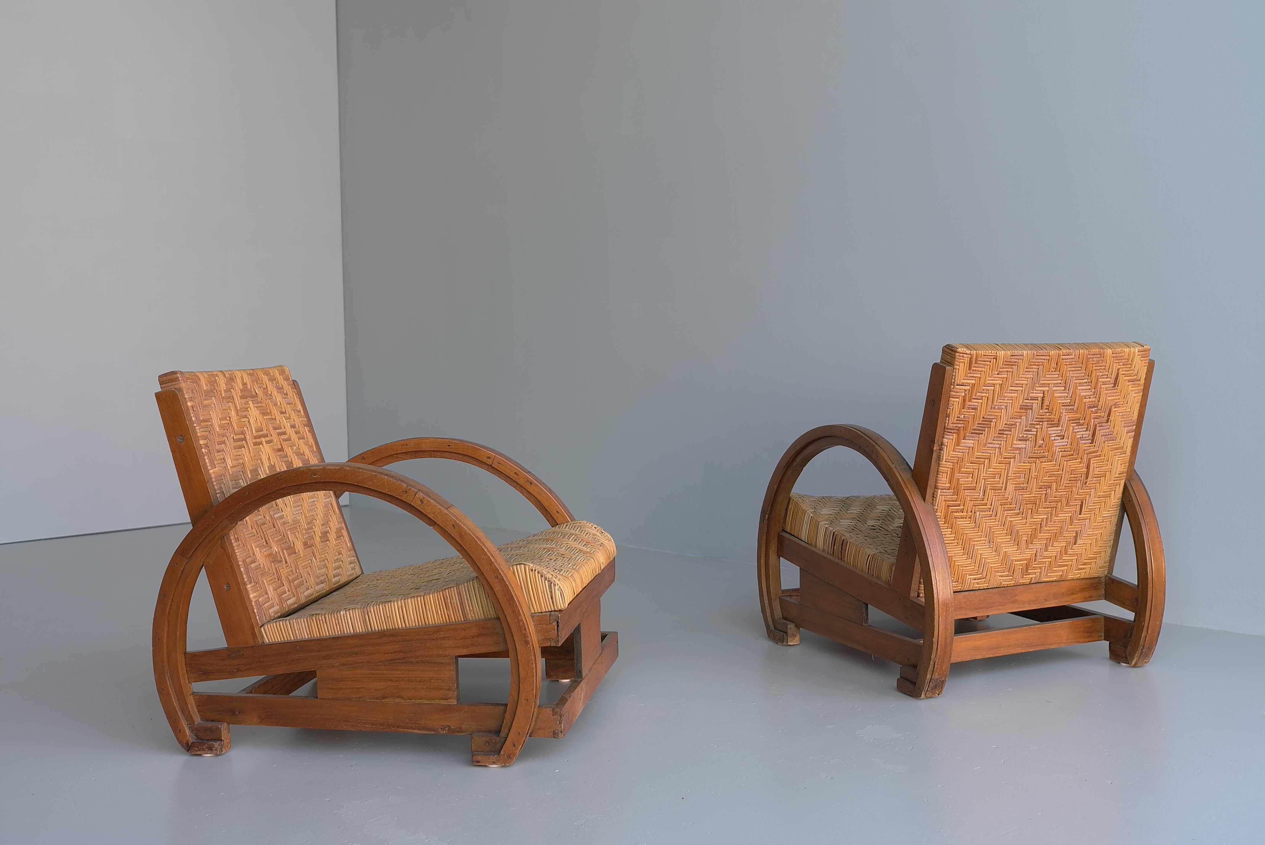 Pair Of Sculptural Art Deco Armchairs in Wood with rush seats 1930's