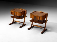 Pair of Sculptural Art Deco Bedside Tables in Walnut and Glass