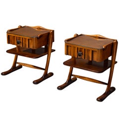 Pair of Sculptural Art Deco Bedside Tables in Walnut and Glass