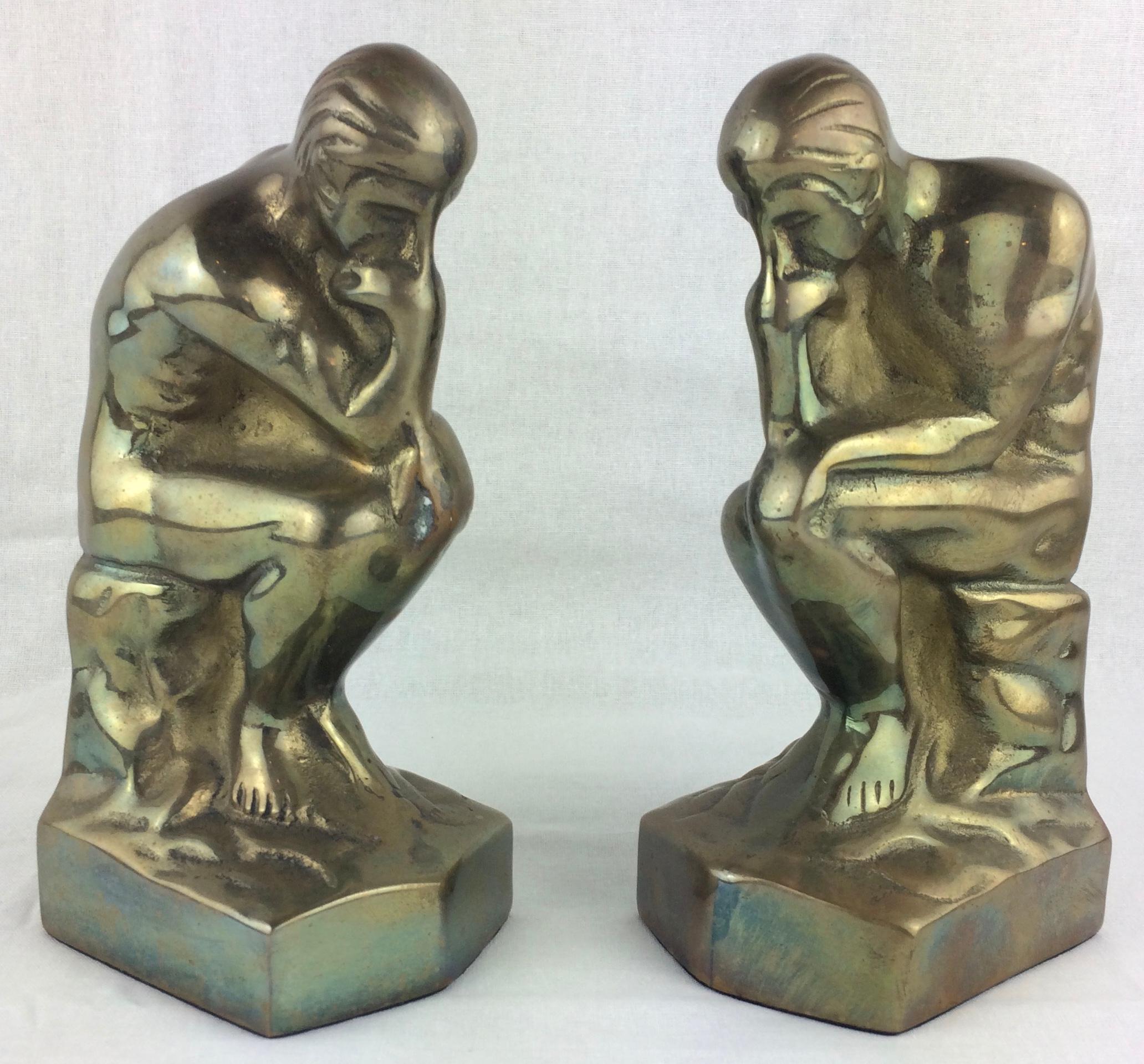 French Pair of Sculptural Art Deco Brass Bookends after Auguste Rodin The Thinker