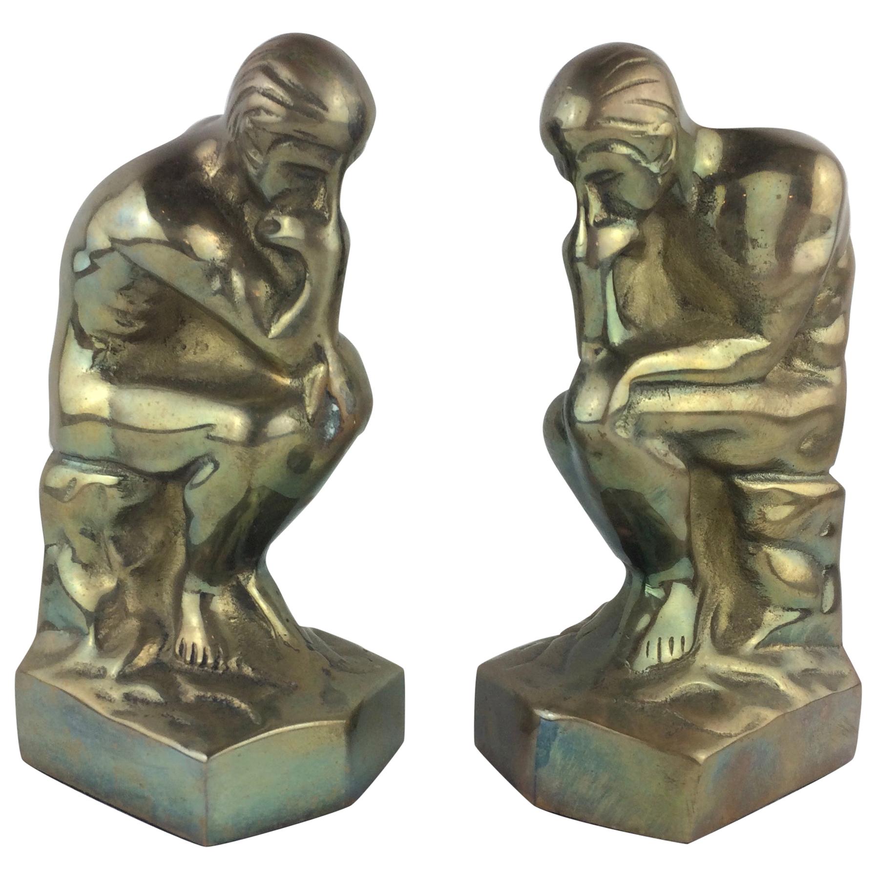 Pair of Sculptural Art Deco Brass Bookends after Auguste Rodin The Thinker
