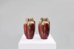 Pair of Sculptural Art Deco Glazed Ceramic Vases, Belgium 1930s