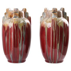 Pair of Sculptural Art Deco Glazed Ceramic Vases, Belgium 1930s