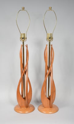 Pair of Sculptural Ash and Brass Mid Century Table Lamps