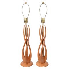 Pair of Sculptural Ash and Brass Mid Century Table Lamps