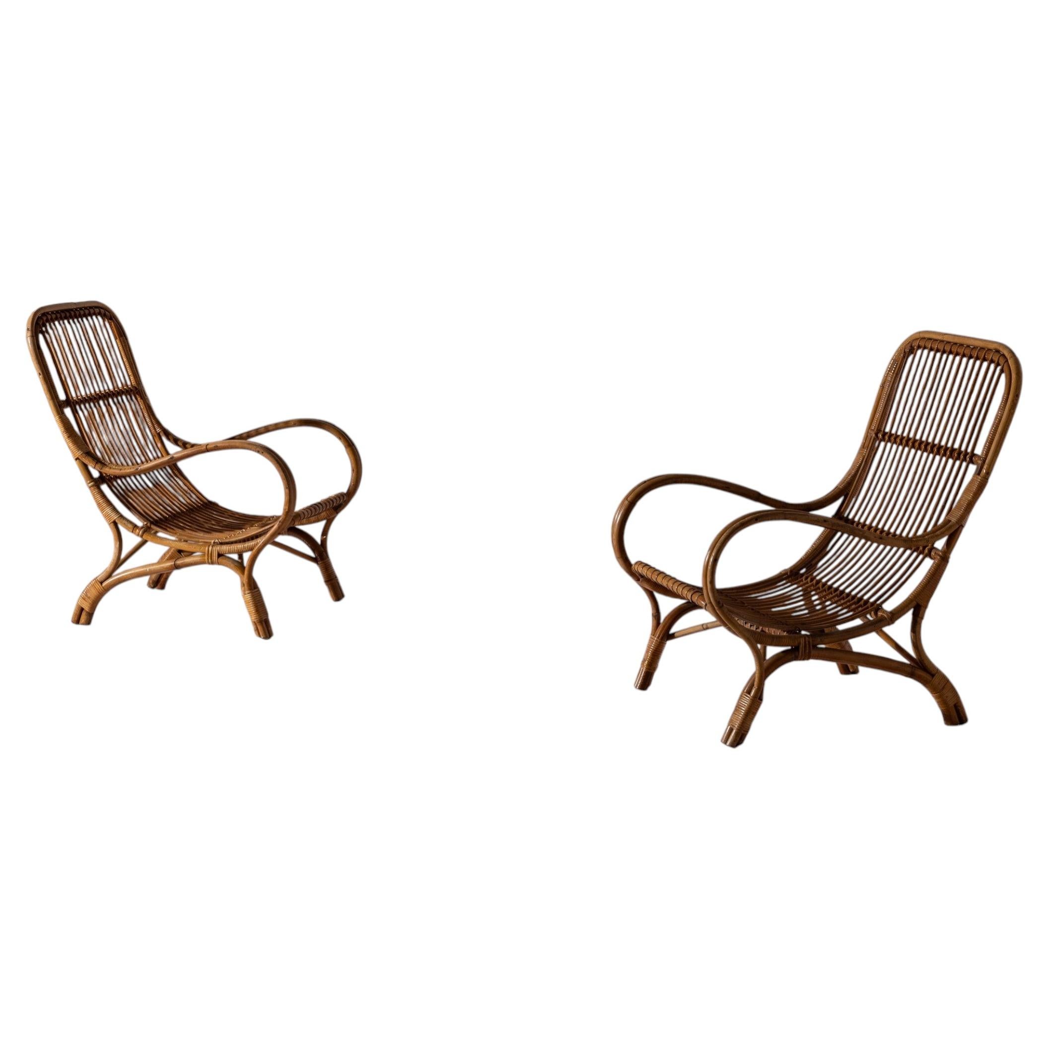 Pair of Sculptural Bamboo Armchairs with Scroll Arms, Italy 1960s