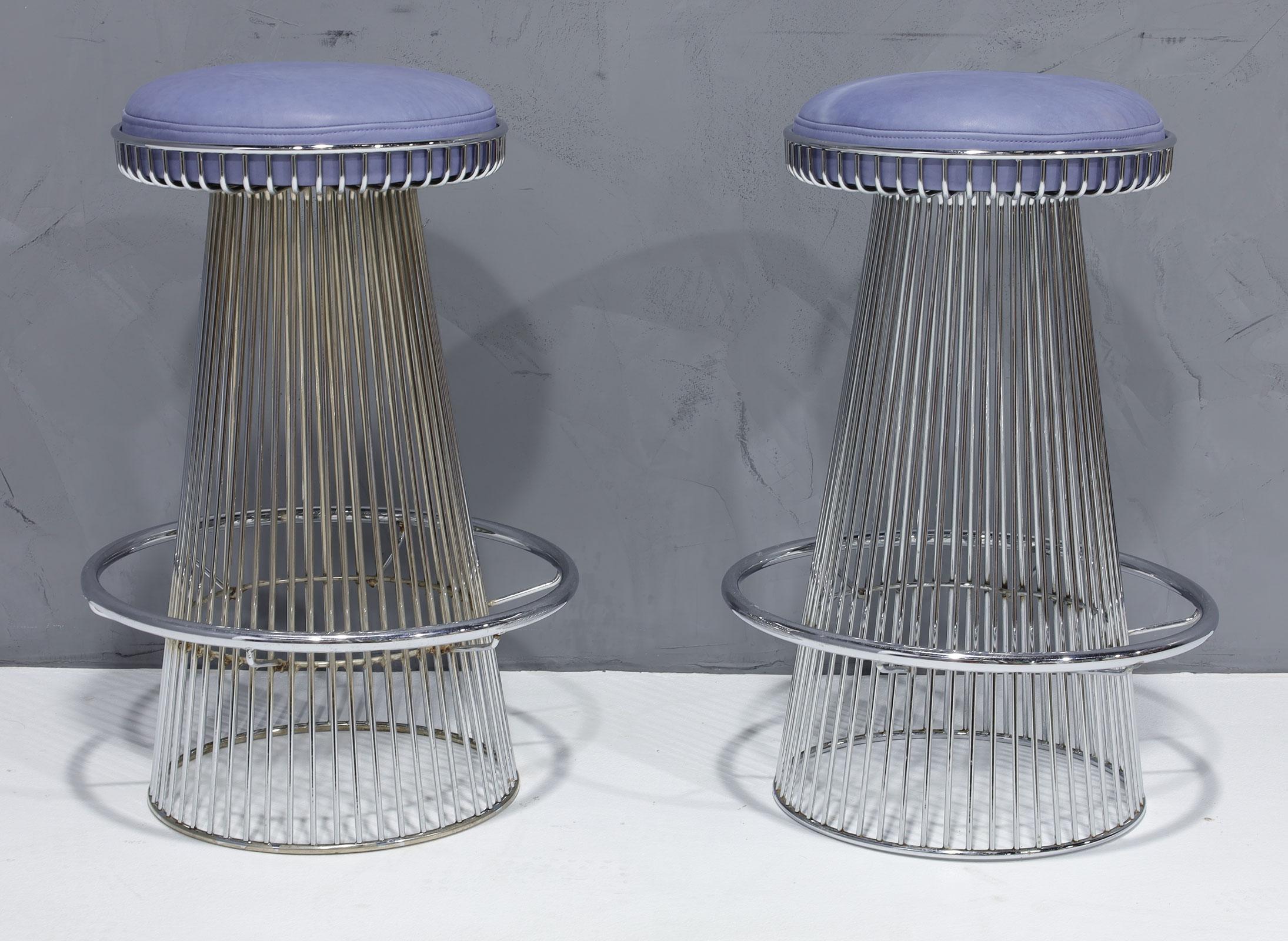 American Pair of Sculptural Bar Stools in Nickeled Steel and Leather by Cy Mann Designs For Sale