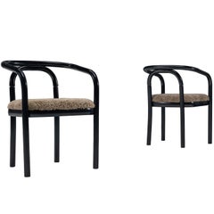 Pair of Sculptural Bentwood Armchairs in Black Lacquered Wood and Sheepskin