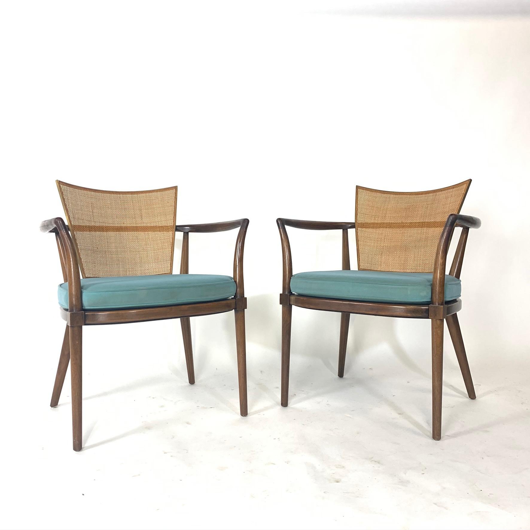 Pair of Sculptural Bert England Brass, Cane & Carved Walnut Arm or Dining Chairs 10