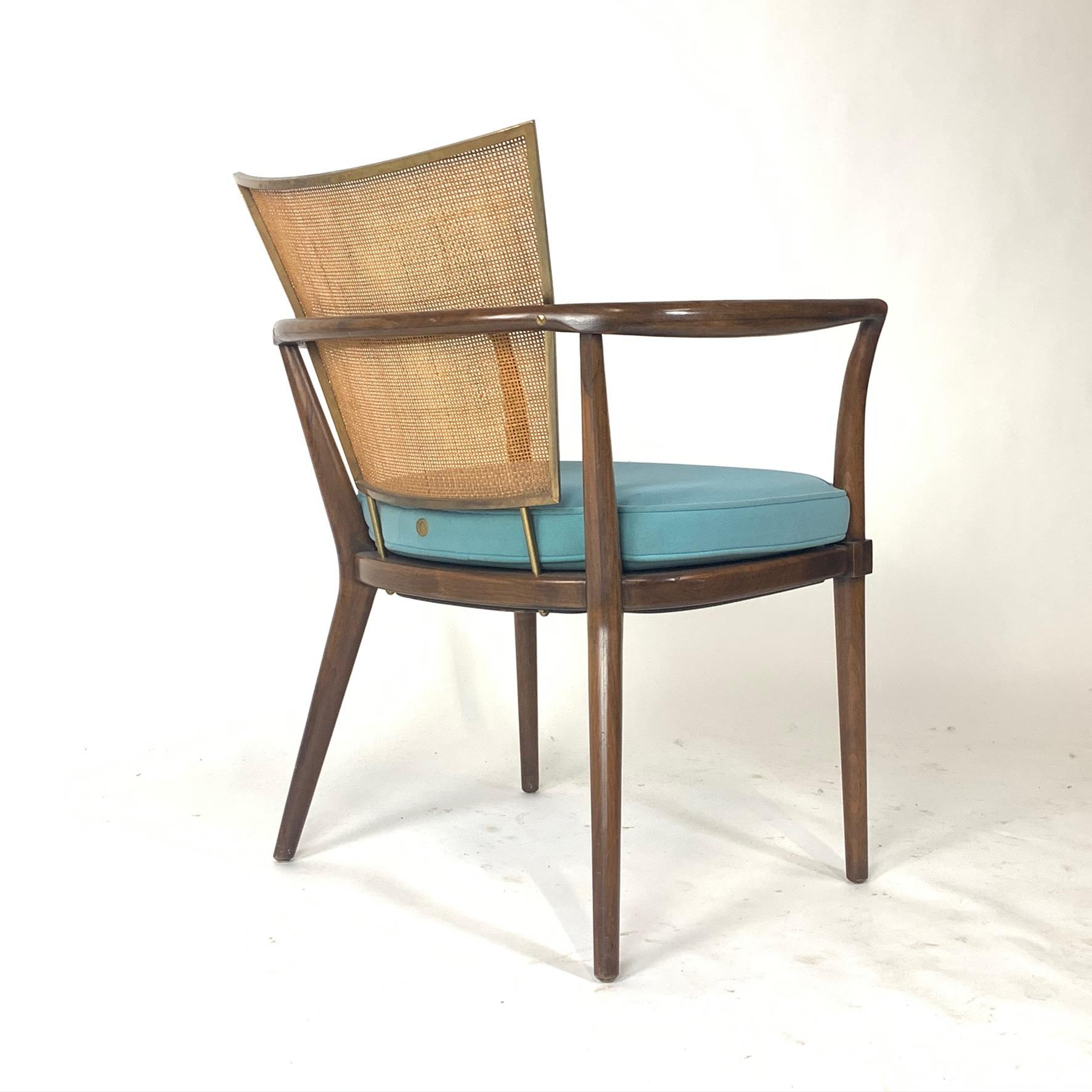 20th Century Pair of Sculptural Bert England Brass, Cane & Carved Walnut Arm or Dining Chairs