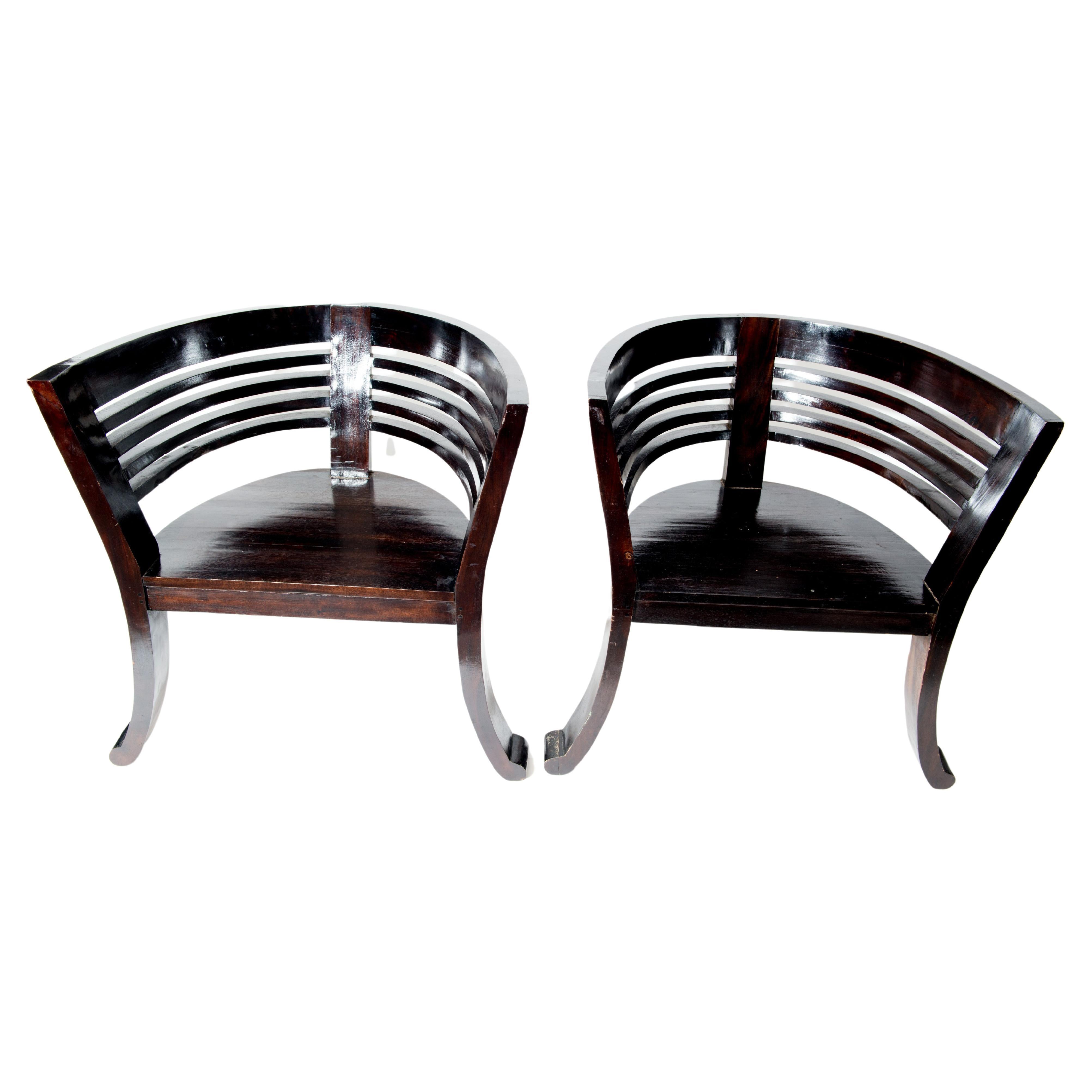 Pair of Sculptural Ebonized Wood Finish Arm Chairs