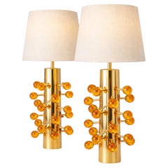 Pair of Sculptural Brass and Amber Glass Table Lamps New Production