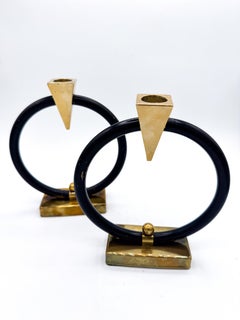 Pair of Sculptural Brass and Black Ring Candle Holders, Postmodern, 1980s