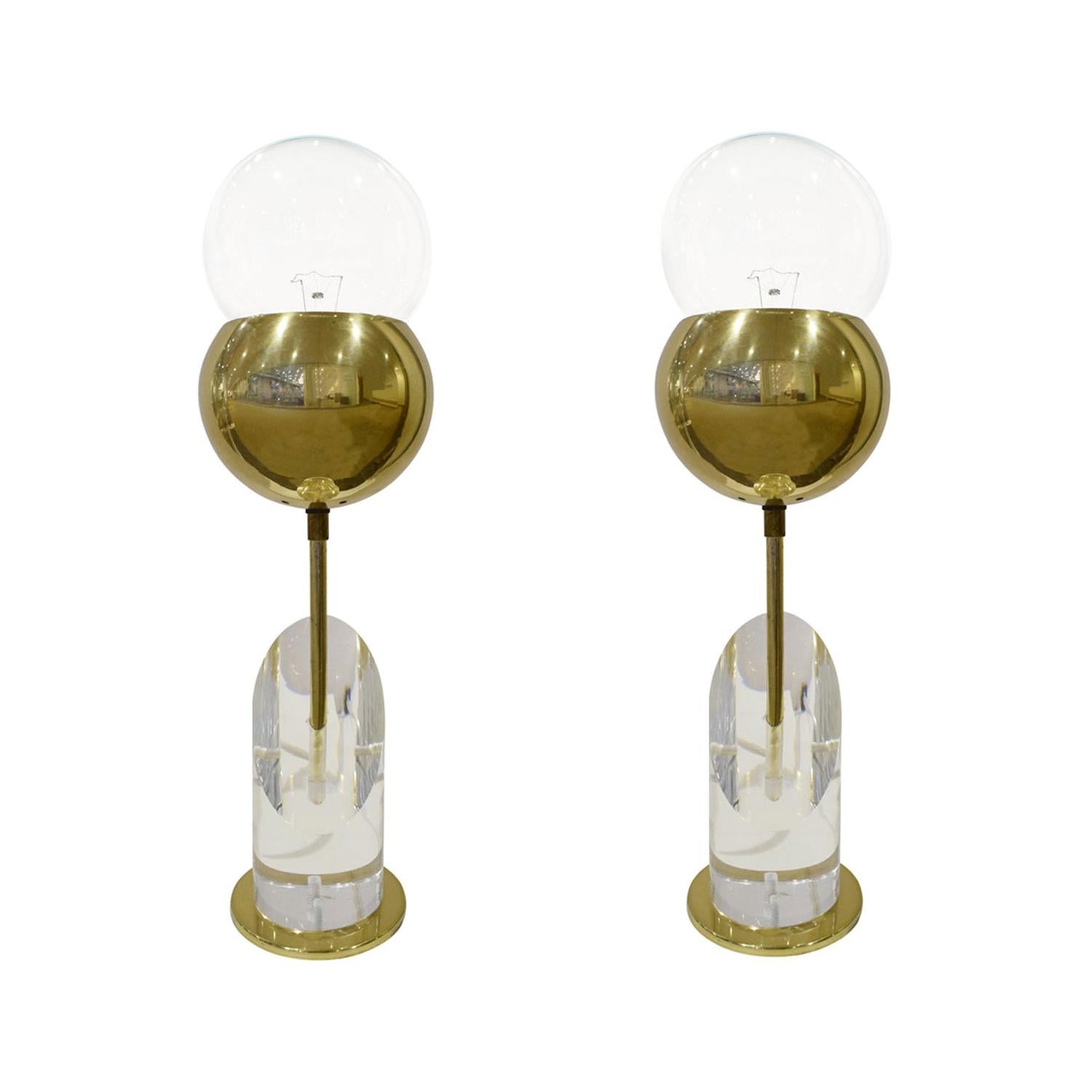Pair of Sculptural Brass and Lucite Table Lamps, 1970s
