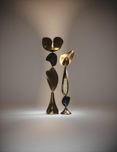 Pair of Sculptural Brass Floor Lamps with Shell Inlay by Kifu Paris