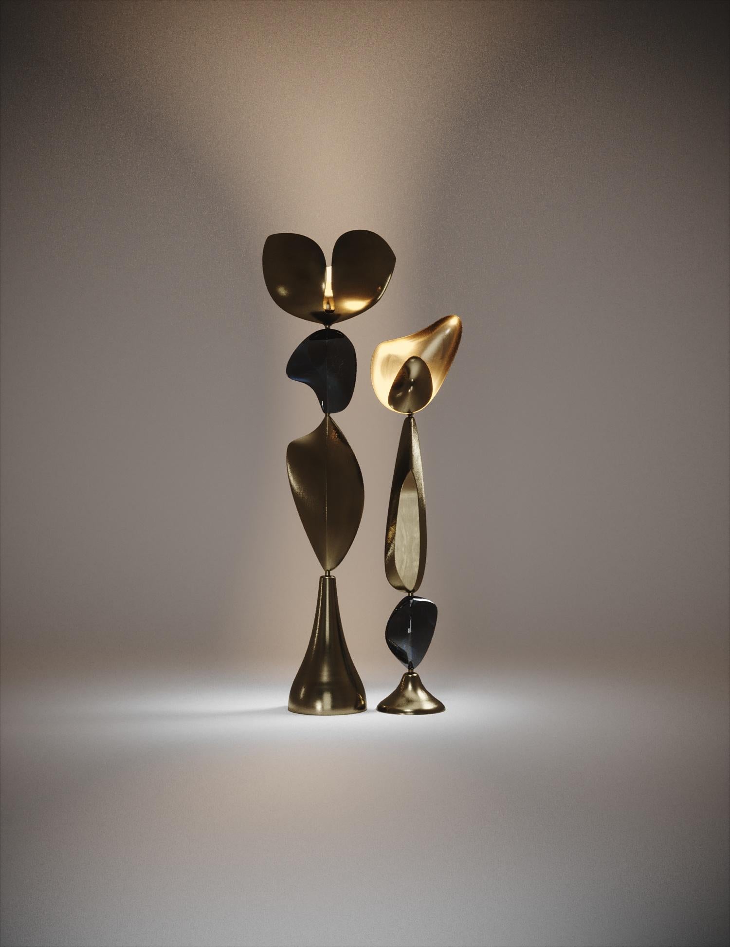 Contemporary Pair of Sculptural Brass Floor Lamps with Parchment Inlay by Kifu Paris
